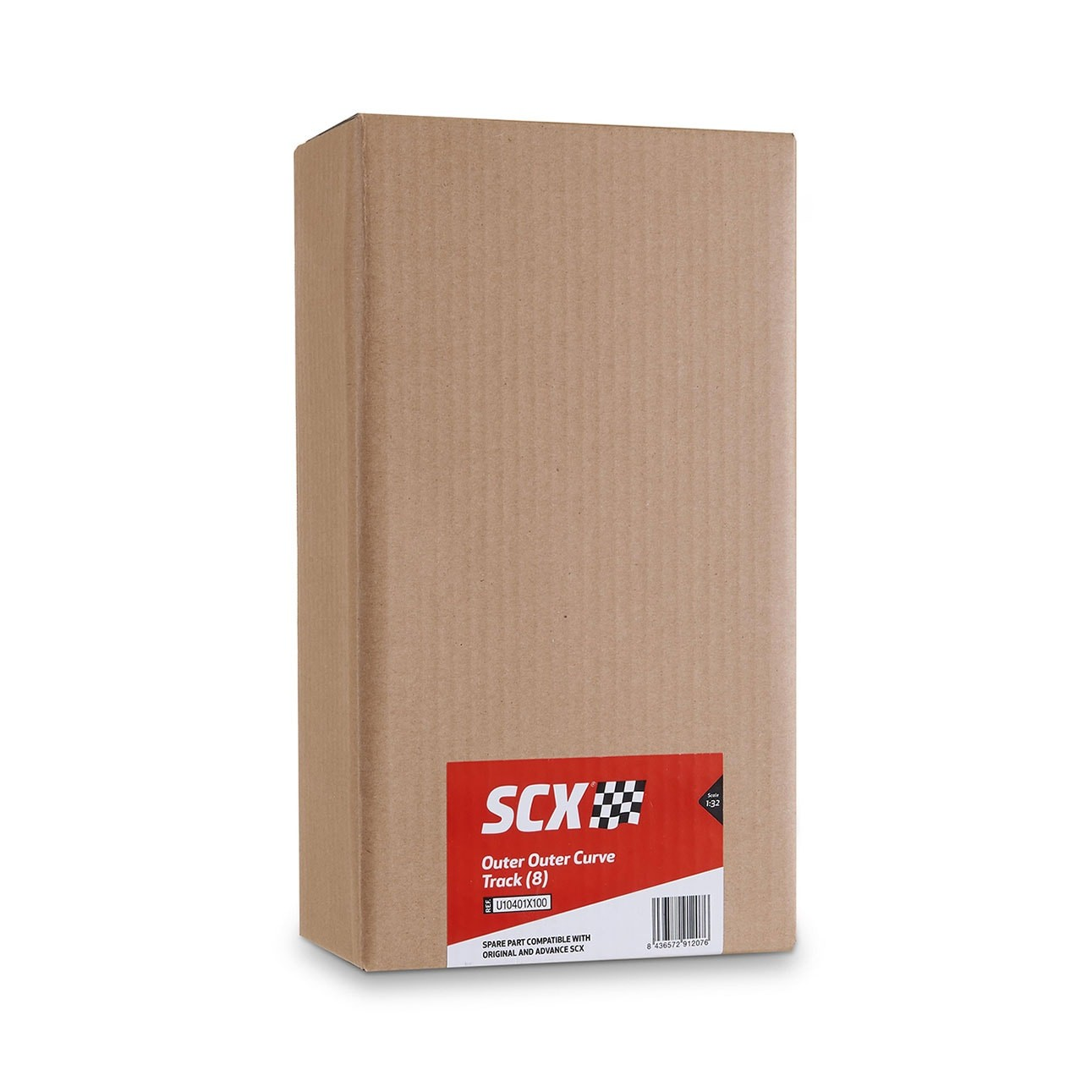 Una caja de cartón con una etiqueta roja y blanca que dice SCX Outer Outer Curve Track (8) U10401X100. La caja es marrón.