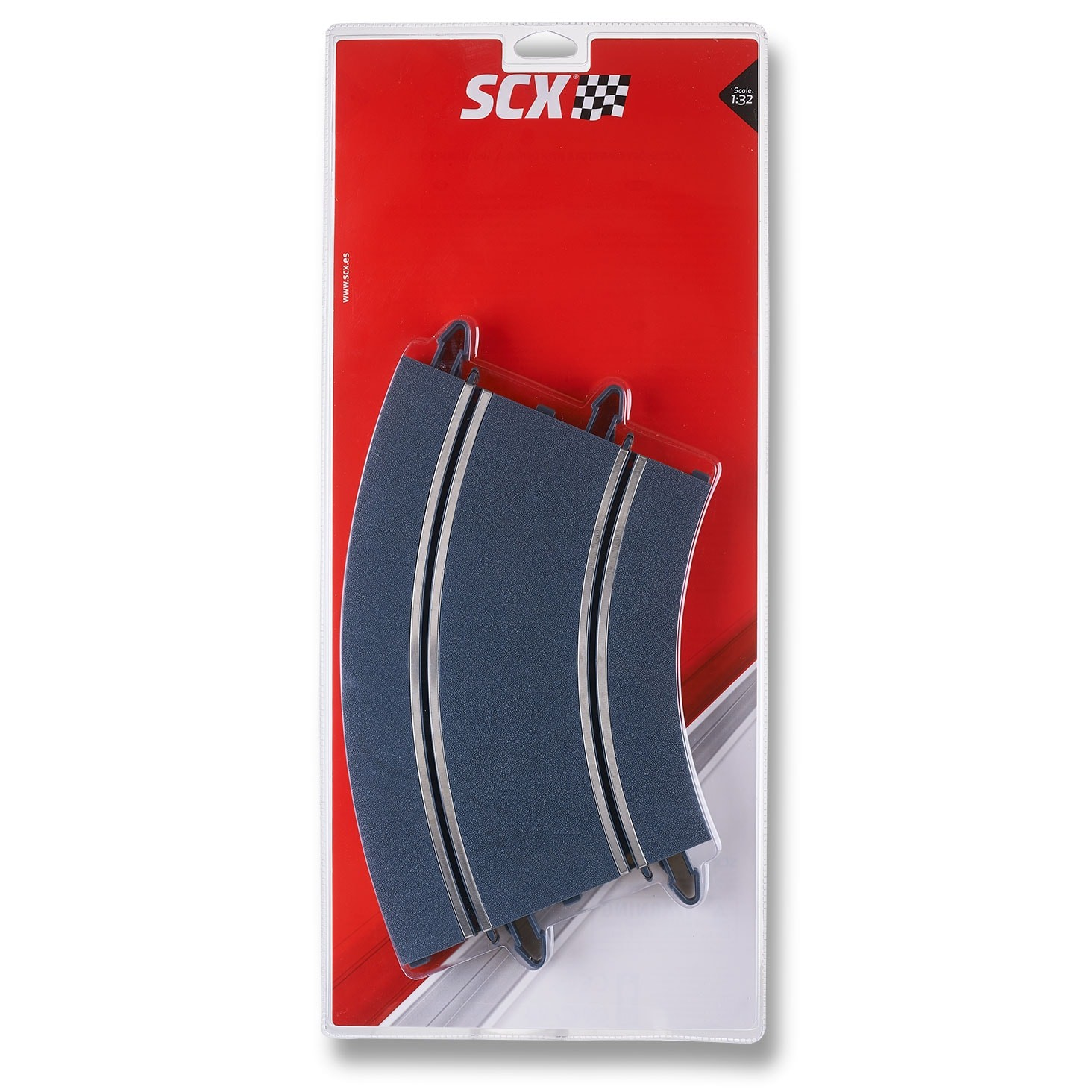 Una pieza de pista de carreras SCX azul curvada, embalada en un respaldo de plástico rojo y transparente. La pista tiene carriles guía plateados.