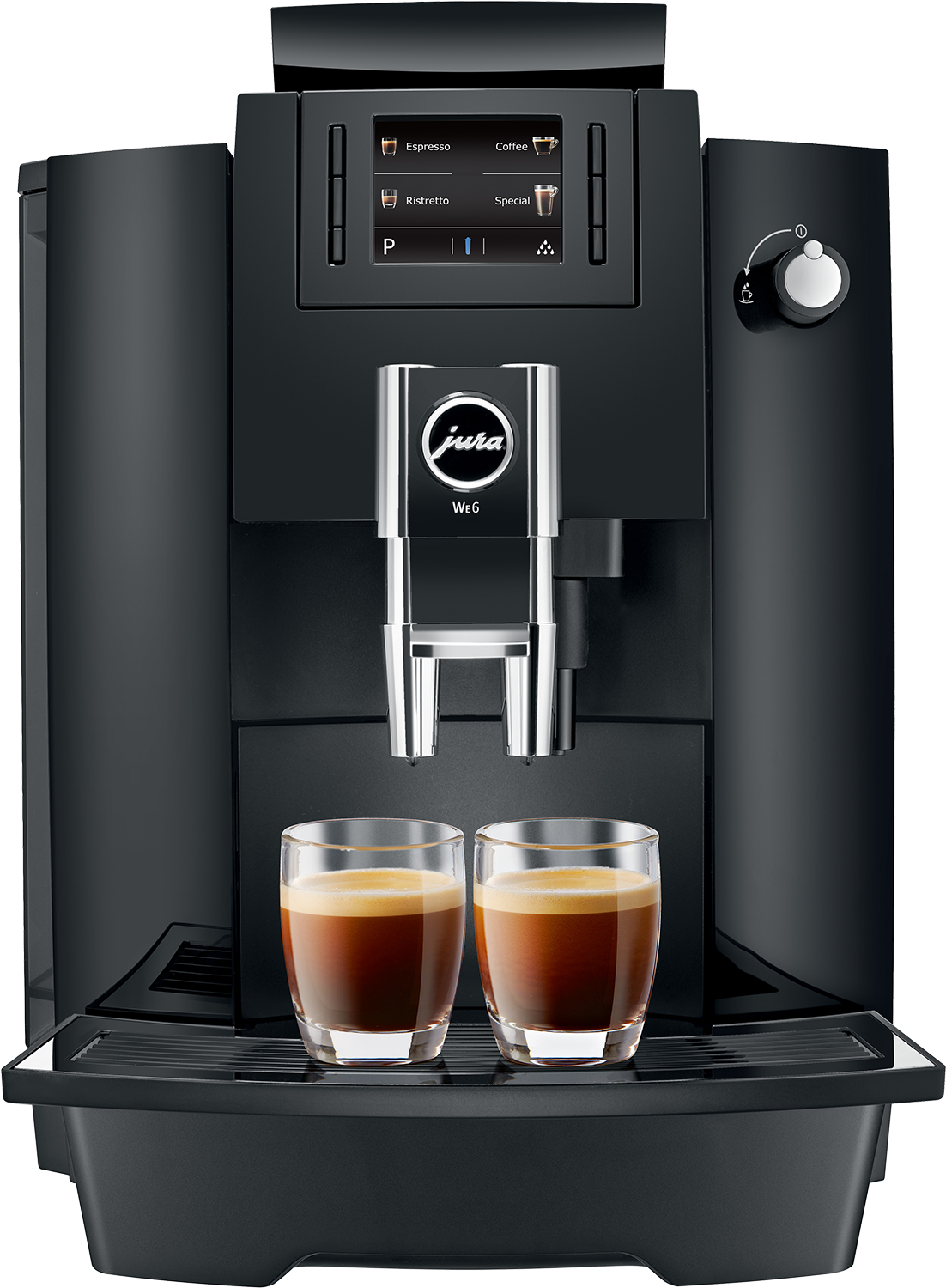 Una macchina da caffè nera Jura We6 sta preparando l'espresso. Due bicchieri di caffè sono sotto i beccucci. Pulsanti per le opzioni di caffè.