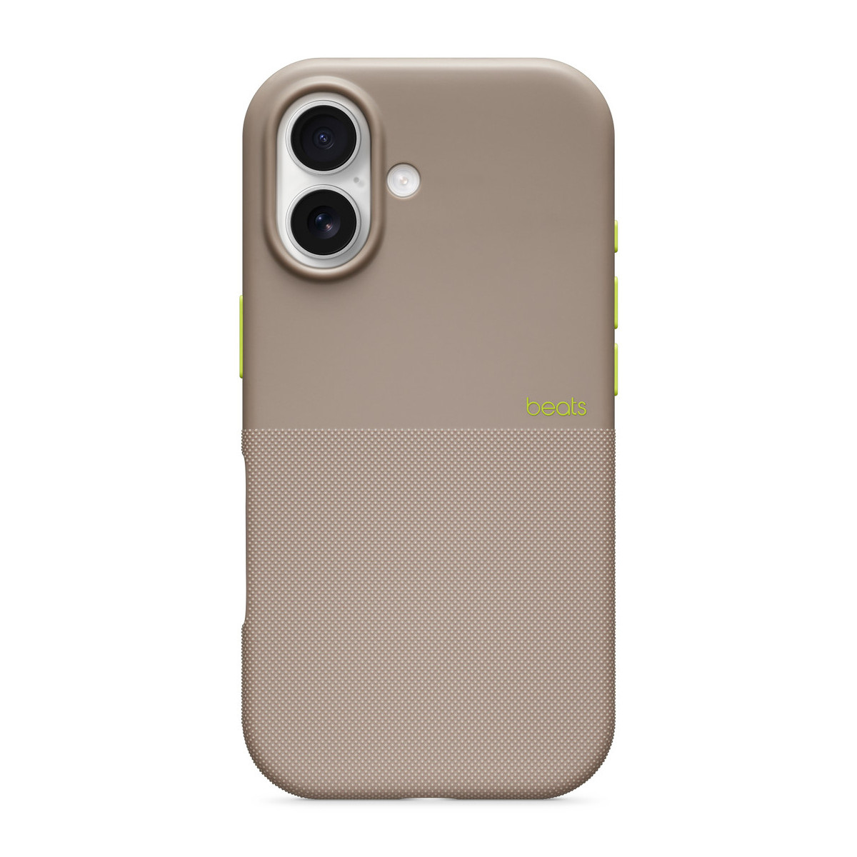 Etui na telefon z podwójnym aparatem. Górna część jest beżowa, dolna ma wzór w kropki. Przyciski są zielone, widoczne słowo 'beats'.