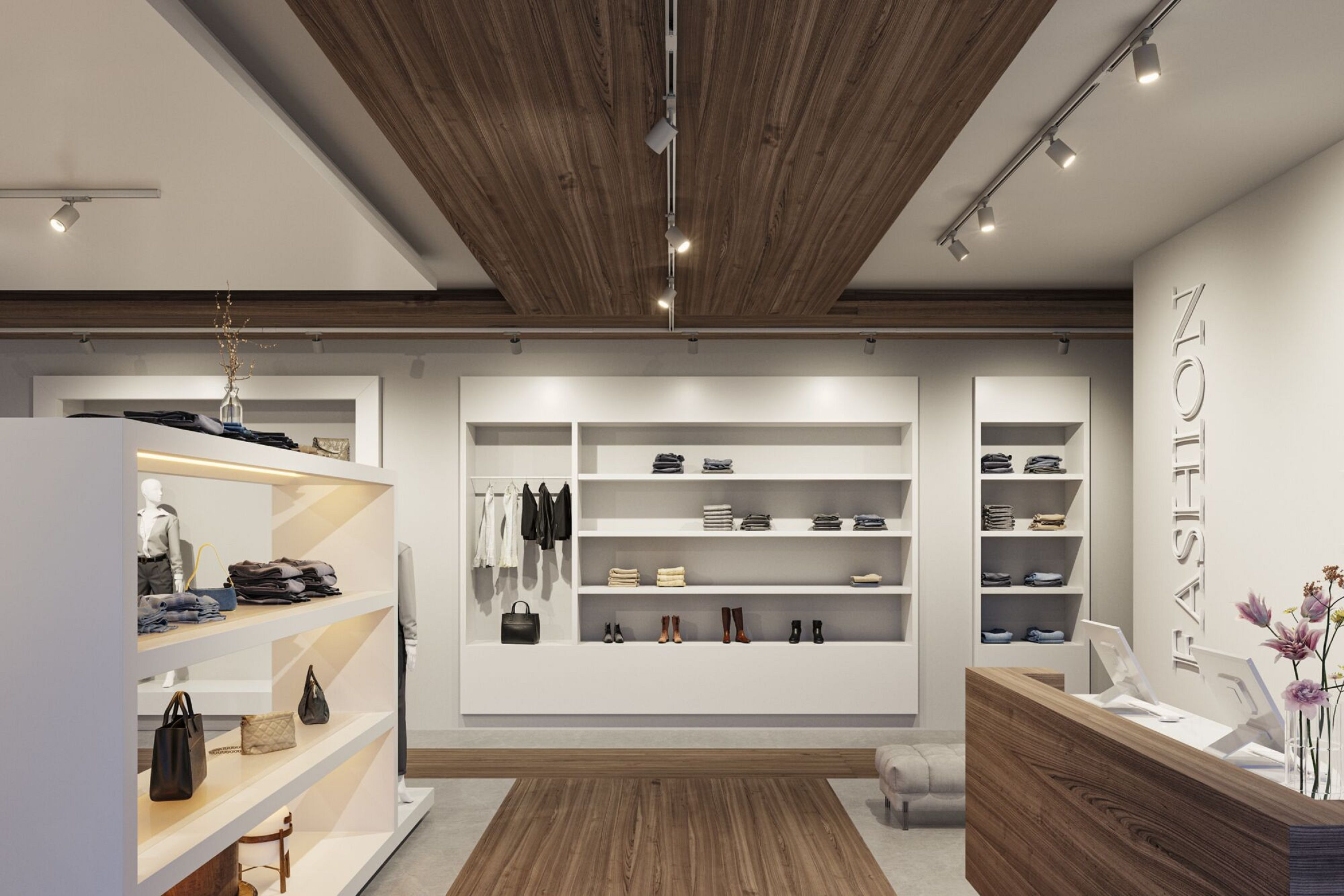 Wnętrze nowoczesnego sklepu odzieżowego. Półki prezentują ubrania, torby i buty. Oświetlenie górne. Drewniany sufit i podłoga. Białe ściany.