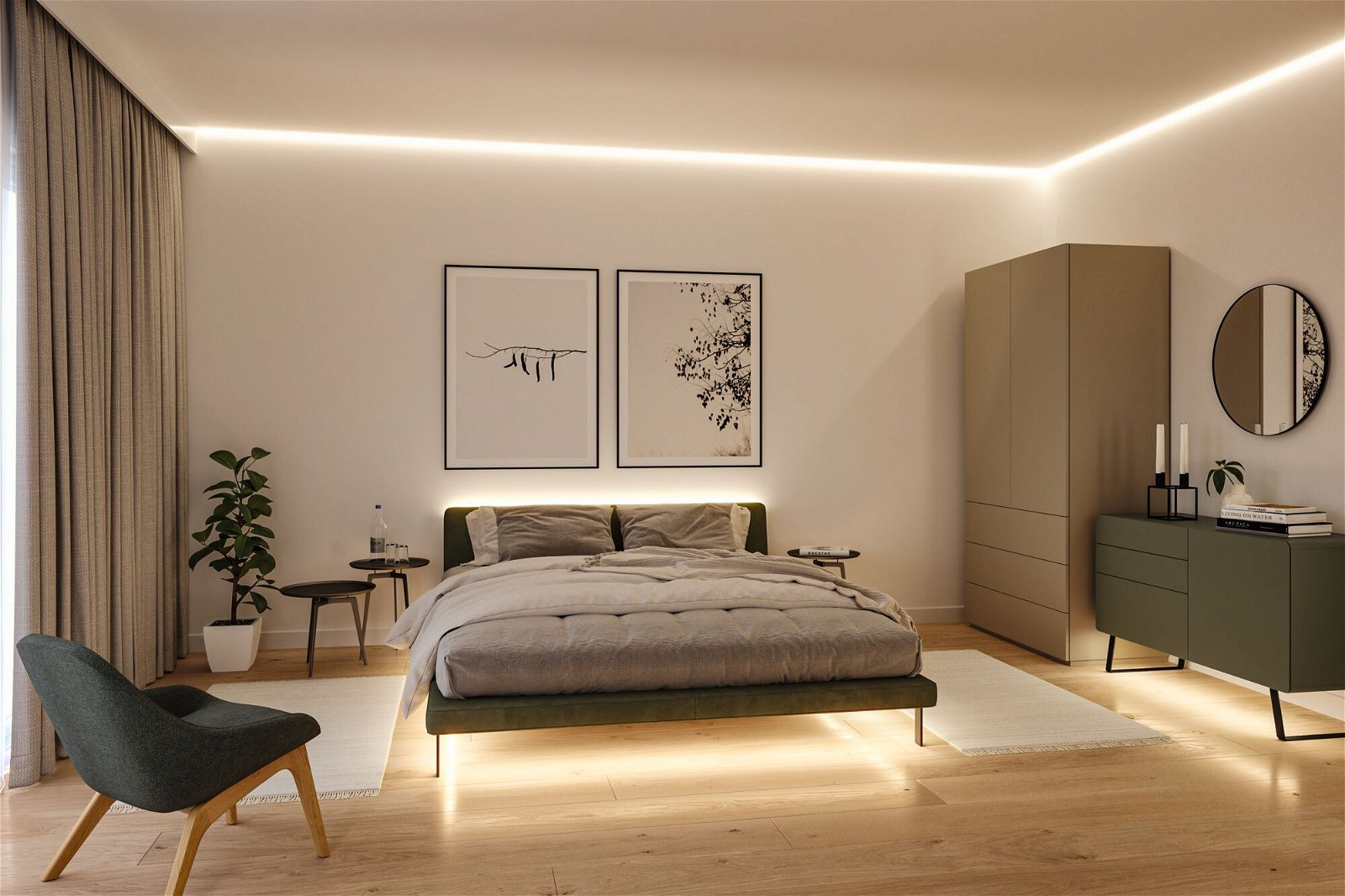 Schlafzimmer mit Bett, Kunstwerken, einem Stuhl und einem Kleiderschrank. Der Raum hat eine weiche Beleuchtung und ein modernes Design.