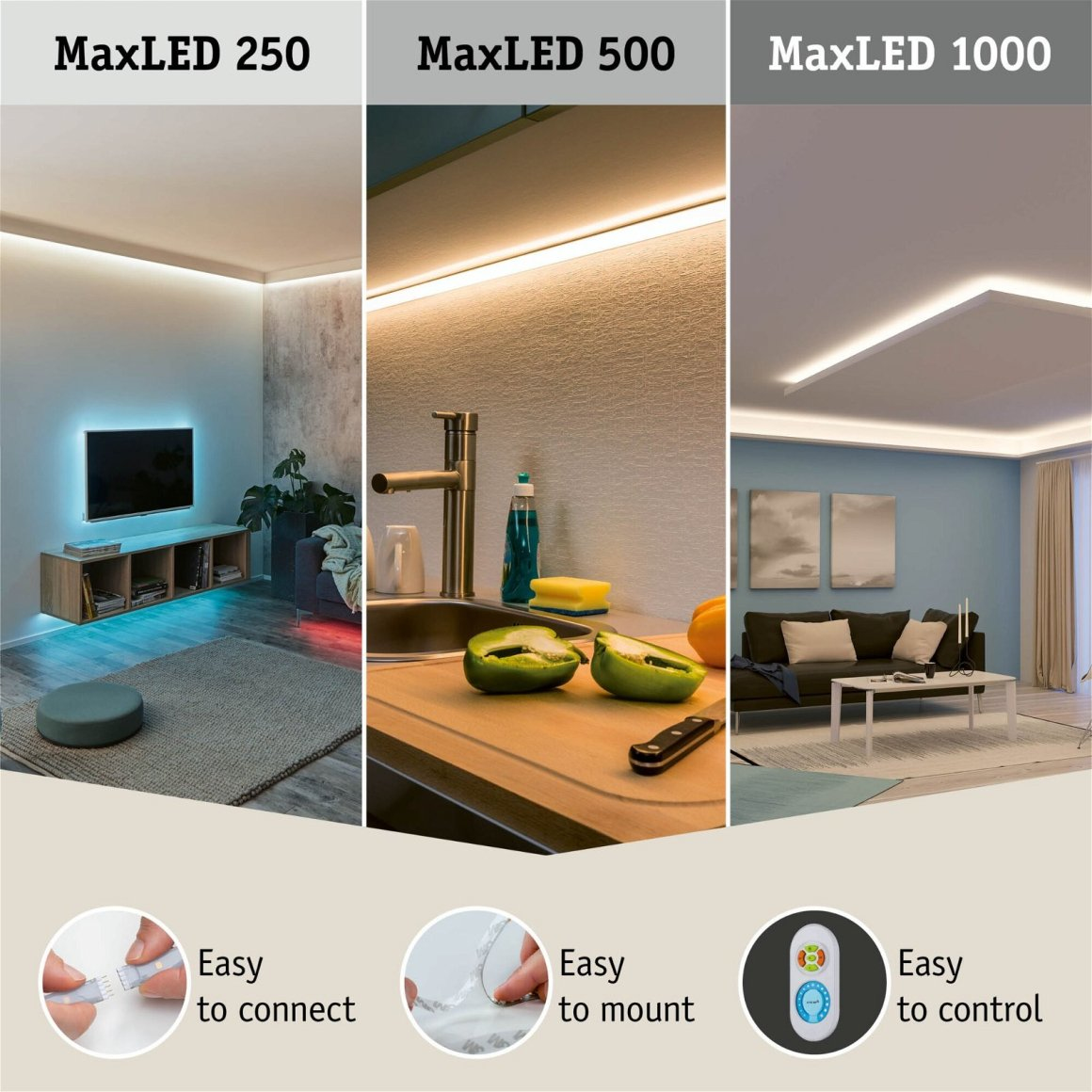 Obraz przedstawiający różne pomieszczenia z zainstalowanymi paskami LED. Zawiera zbliżenia połączenia, montażu i pilota. Marka MaxLED.