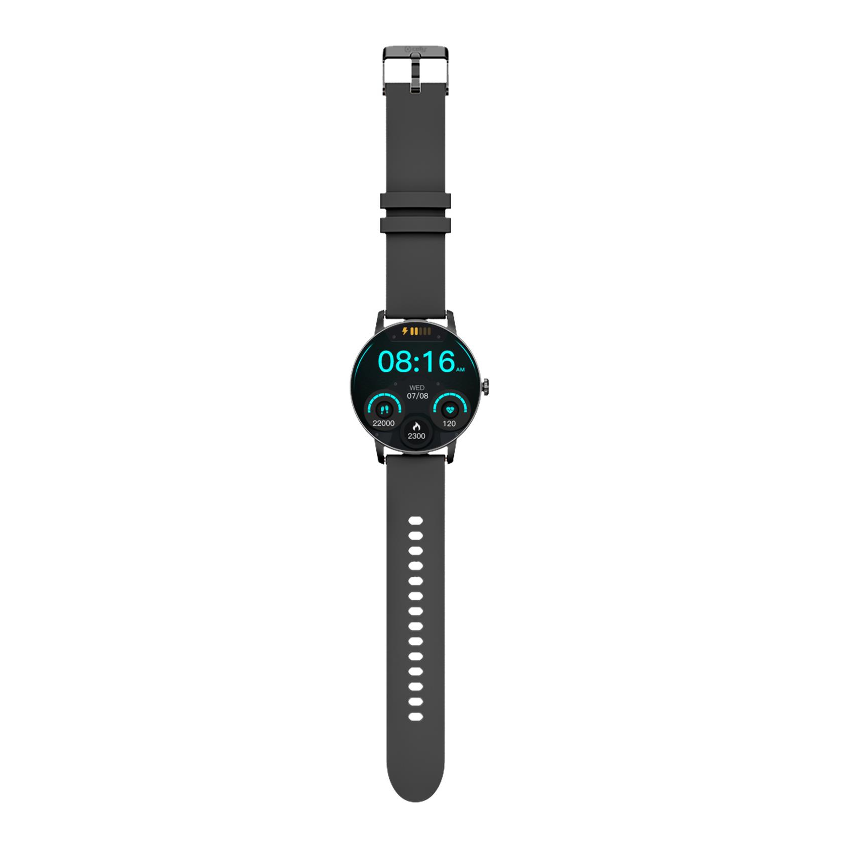 Eine schwarze Smartwatch mit der Anzeige 08:16 Uhr, Datum, Schritten und Herzfrequenz auf weißem Hintergrund.