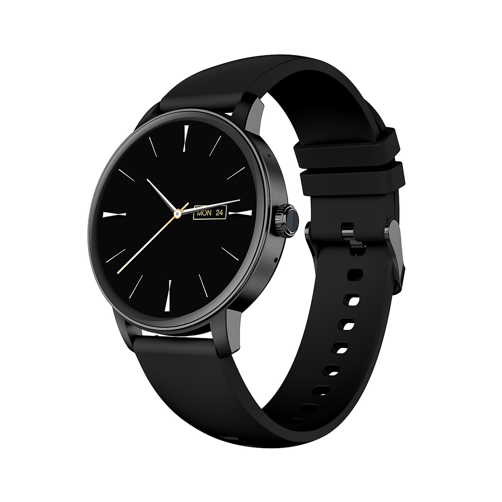 Schwarze Smartwatch mit rundem Zifferblatt. Die Uhr zeigt 'MON 24'. Sie hat ein schwarzes Armband und einen weißen Hintergrund.