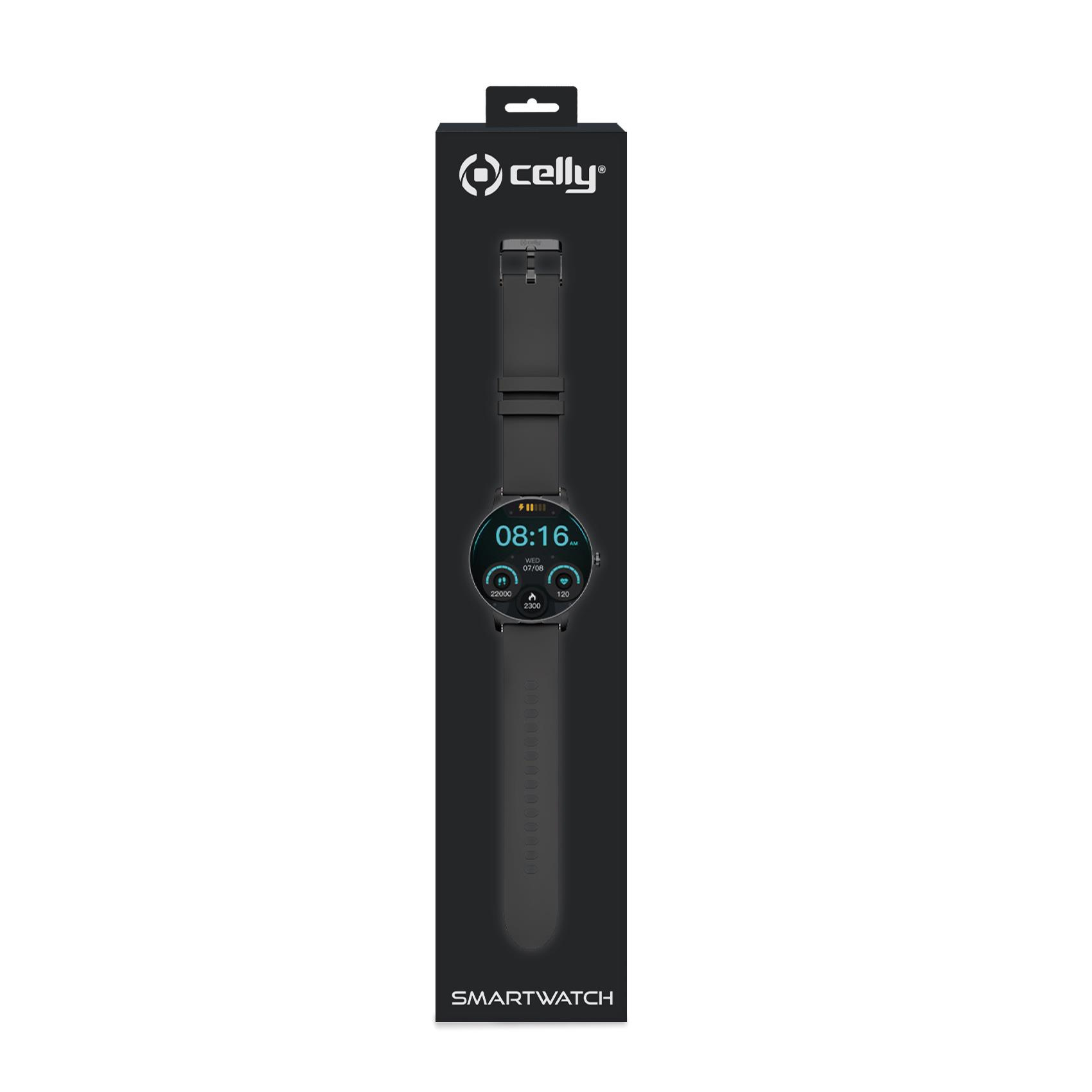Eine Smartwatch in einer schwarzen Box. Die Uhr zeigt die Zeit 08:16 an. Der Markenname 'celly' ist oben sichtbar.