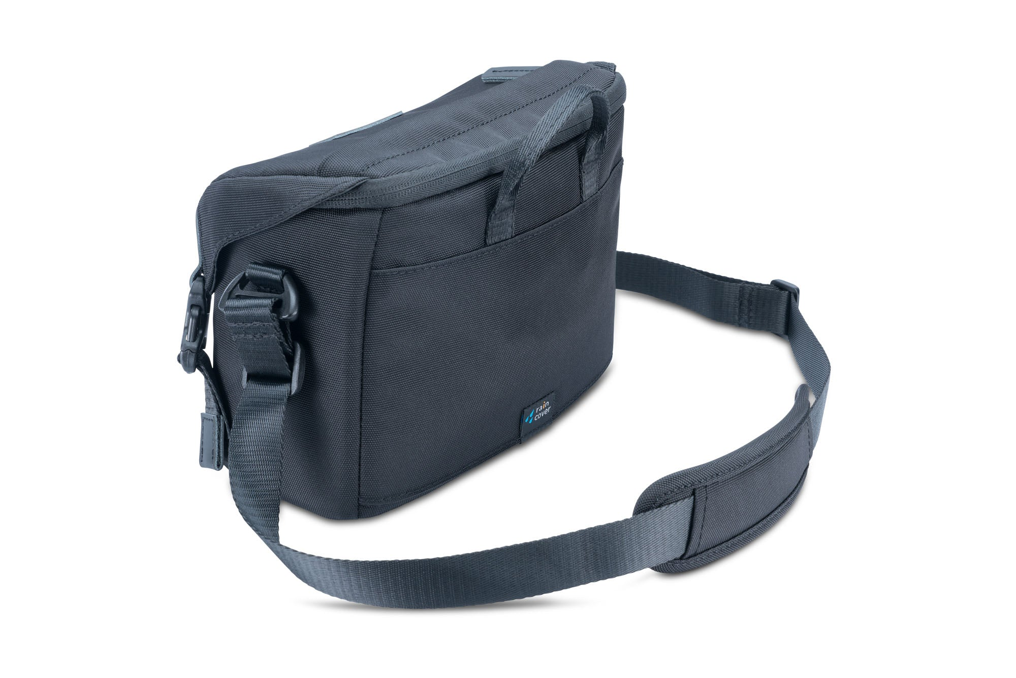 Una bolsa de cámara gris oscuro con una correa para el hombro sobre un fondo blanco. La bolsa tiene un asa y un logotipo.
