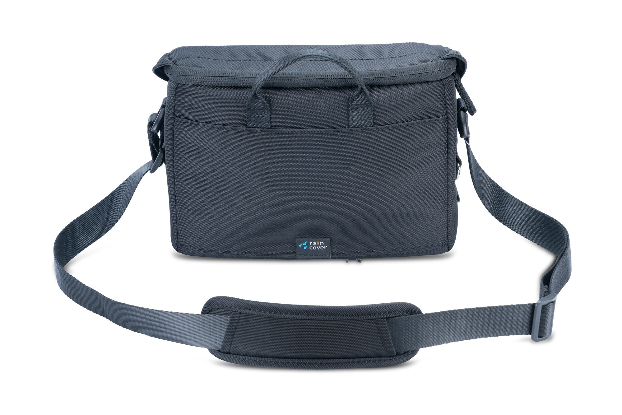 Bolsa de cámara gris oscuro con correa para el hombro y asa, sobre un fondo blanco. Tiene un logo de 'rain cover'.