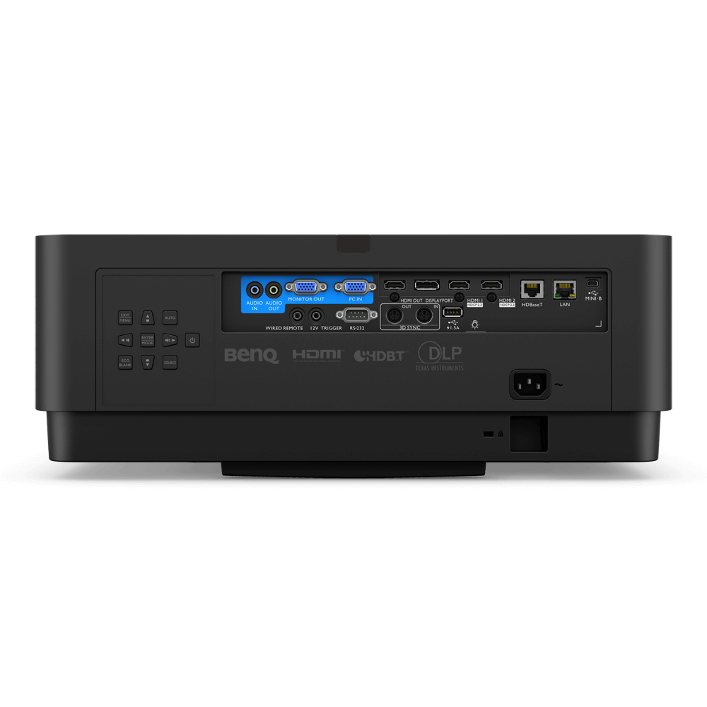 Pannello posteriore del proiettore nero con più porte, tra cui HDMI, audio e ingressi di alimentazione. Il logo BenQ è visibile.