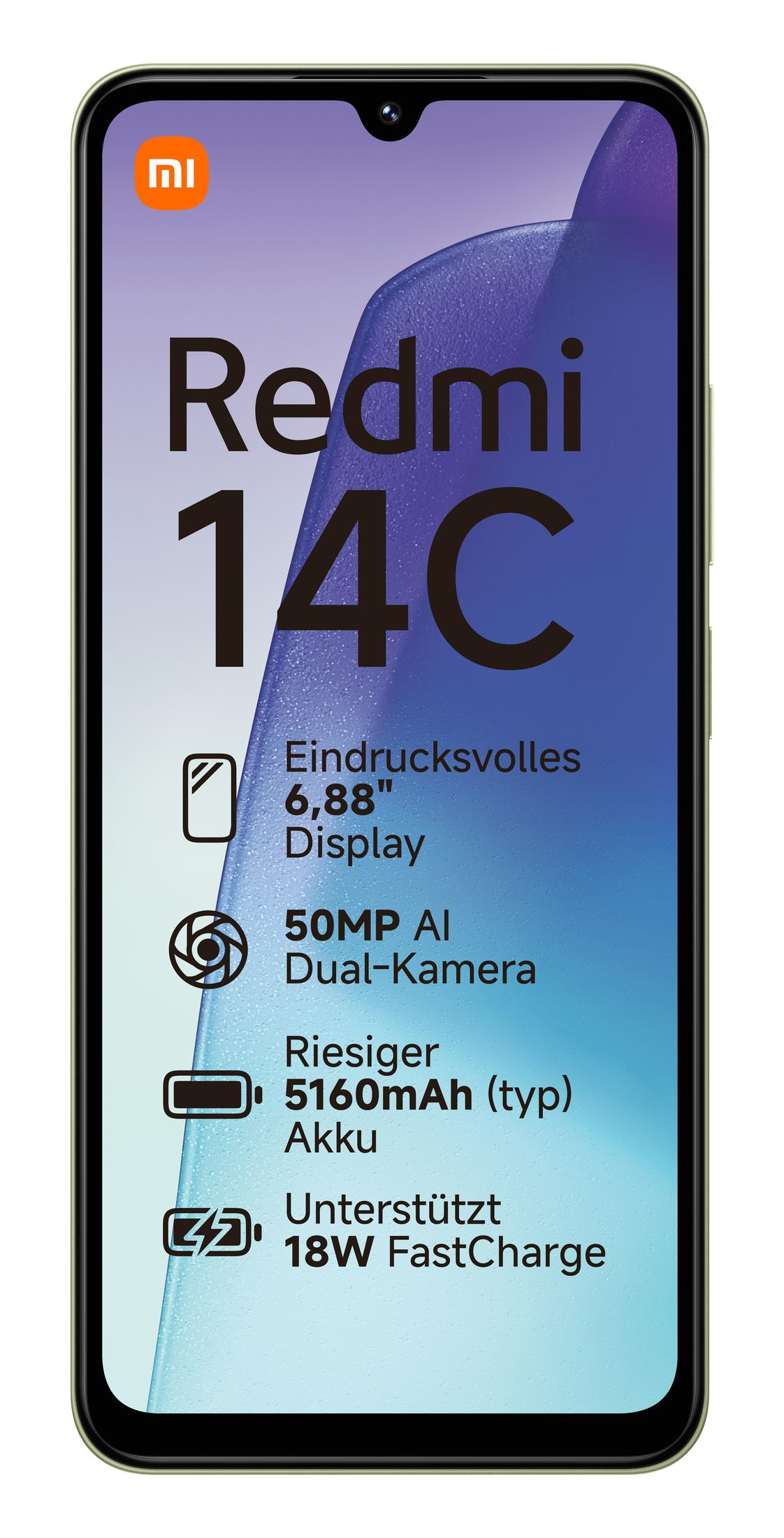 Smartfon z logo Redmi 14C. Posiada wyświetlacz 6,88", podwójny aparat AI 50MP, baterię 5160mAh i szybkie ładowanie 18W.