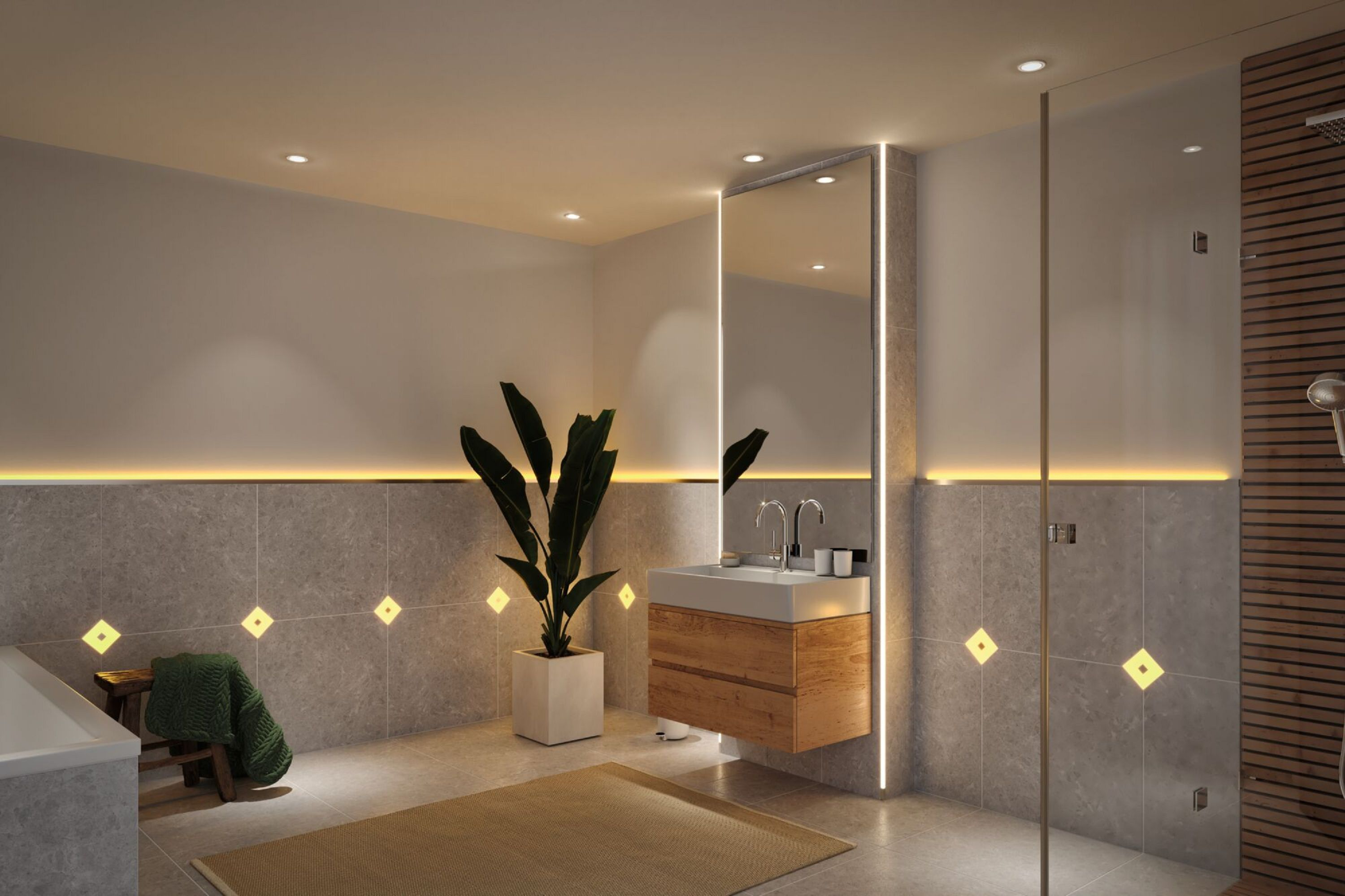 Modernes Badezimmer mit Holzwaschtisch, großem Spiegel, Pflanze und Dusche. Sanfte Beleuchtung erhellt den Raum.