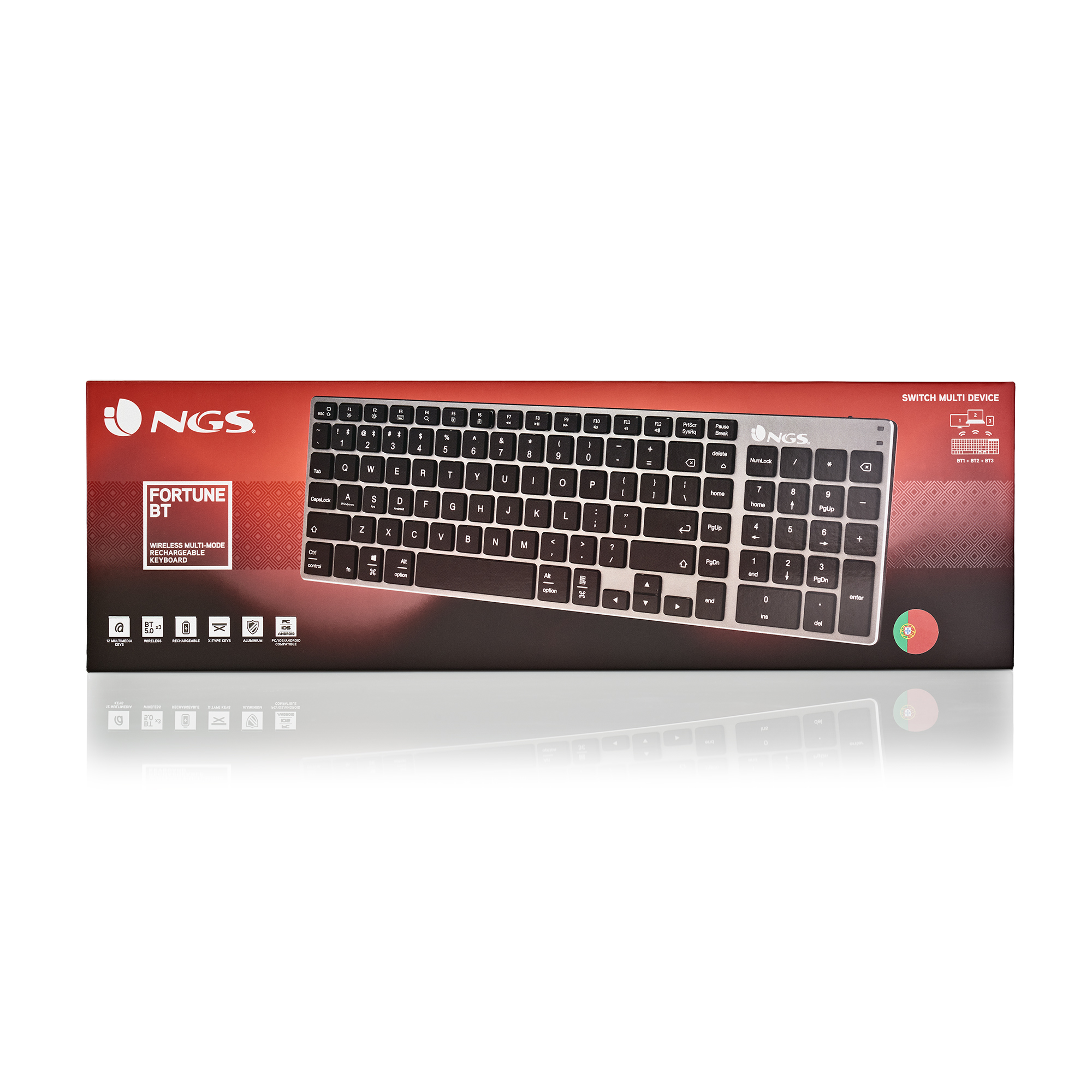 Eine Tastaturbox, Marke NGS, FORTUNE BT. Kabellose, wiederaufladbare Multi-Mode-Tastatur. Silberne Tasten auf Schwarz, roter Hintergrund.