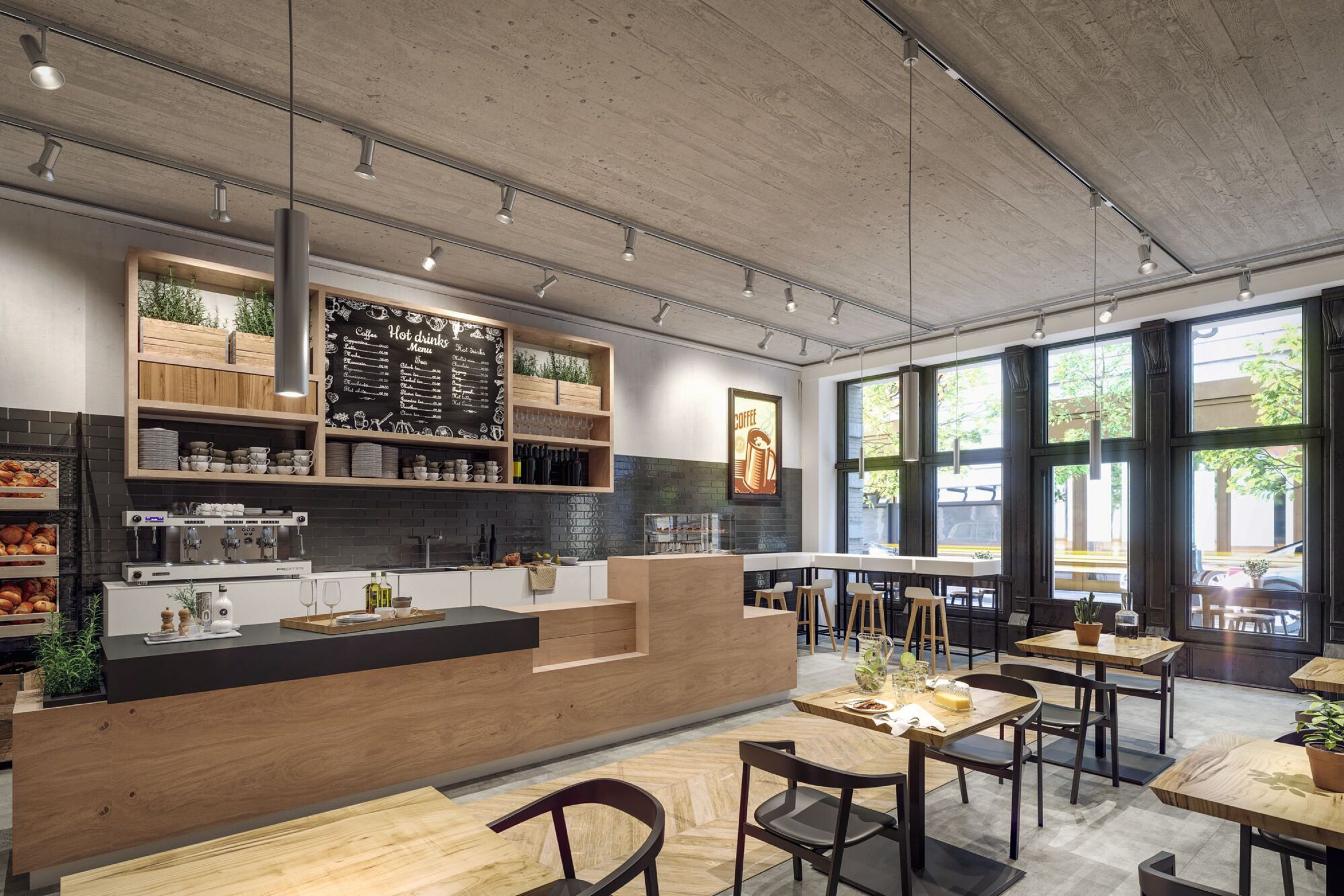 Café-Interieur mit Holzelementen, Speisekarte, Kaffeemaschine, Tischen, Stühlen und großen Fenstern mit Außenansicht.