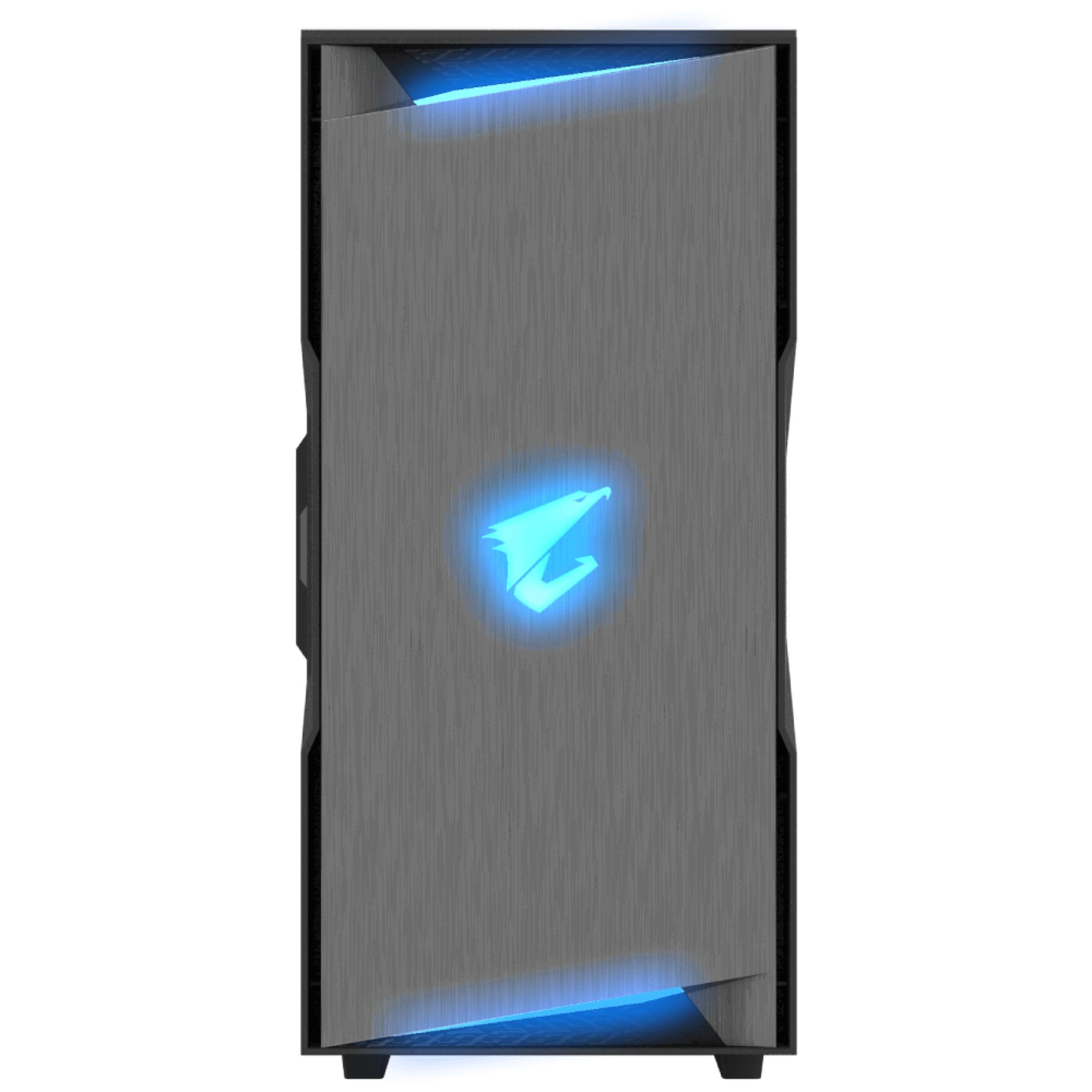 Un case per computer nero con logo e accenti blu luminosi. L'involucro ha una texture in metallo spazzolato.