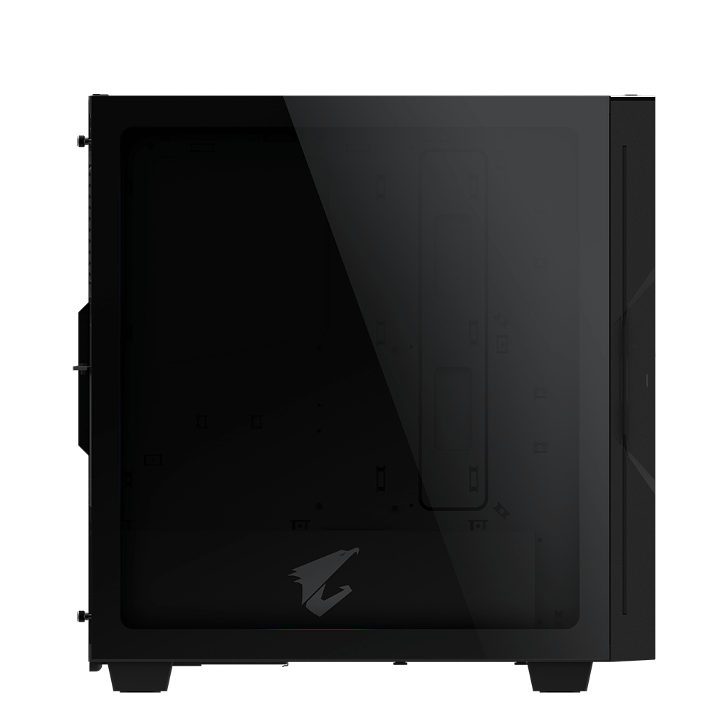 Un case per computer nero con un pannello laterale in vetro. La parte anteriore presenta il logo AORUS. Il case è su sfondo bianco.
