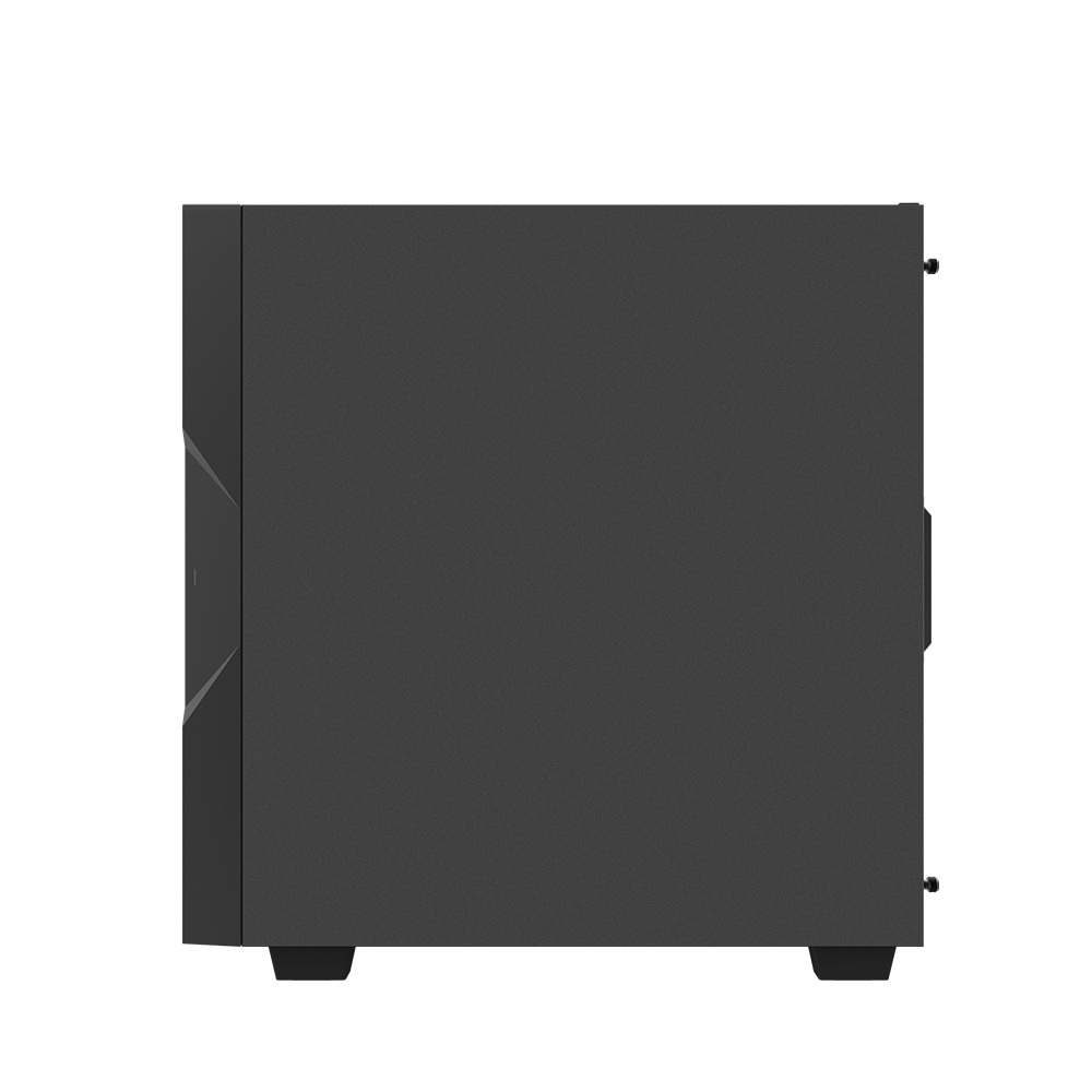 Un case per computer nero è mostrato di lato. Ha una superficie strutturata, con piedini in basso e dettagli di design sul davanti.