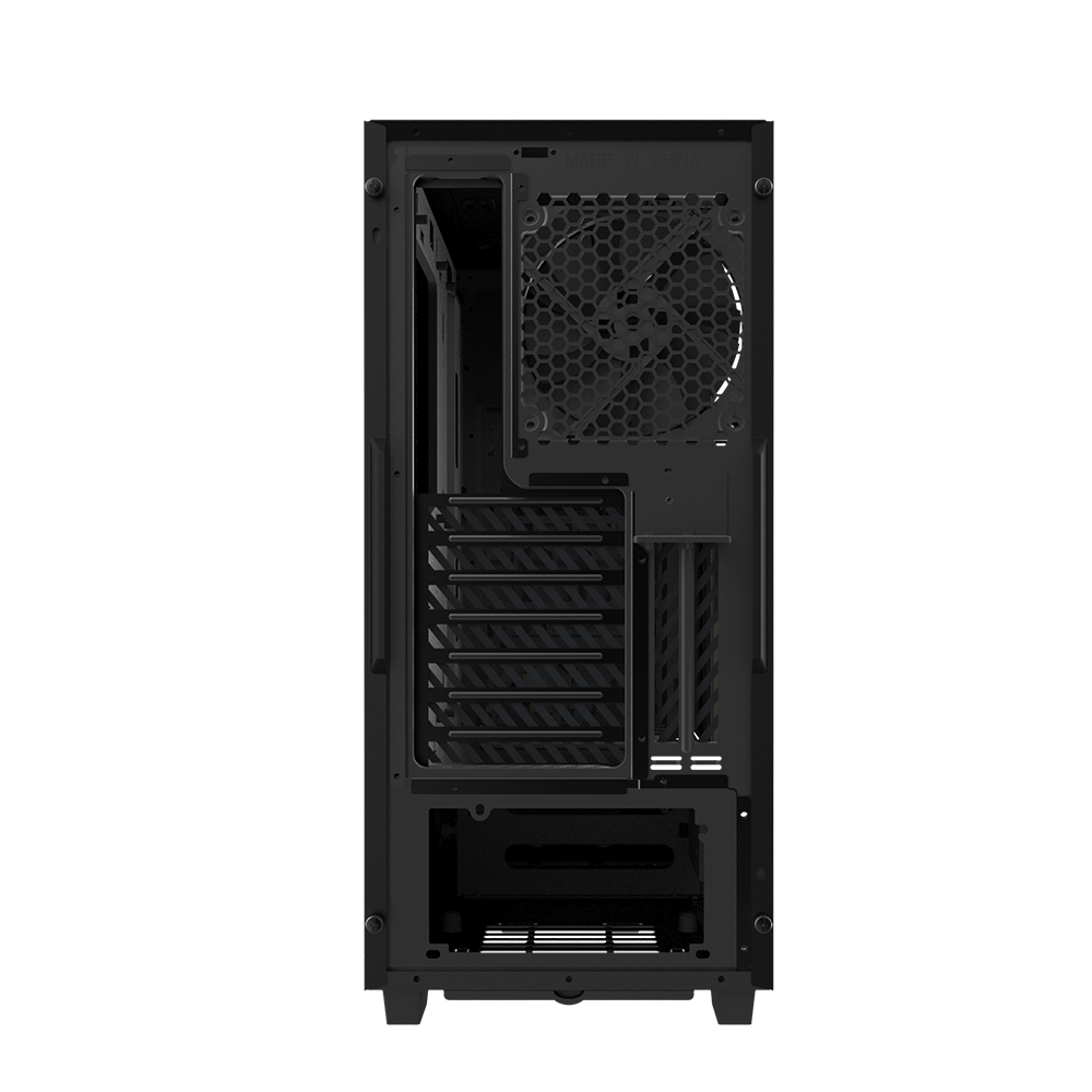 Interno di un case per computer nero. Presenta una griglia per ventola, slot di espansione e varie aperture. Il case è vuoto.
