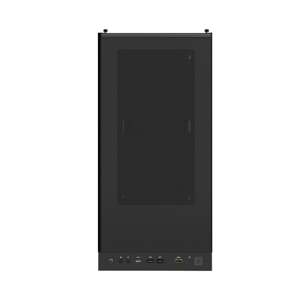 Case per computer nero, vista frontale. Ha un pannello a rete e varie porte in basso, tra cui USB e HDMI.