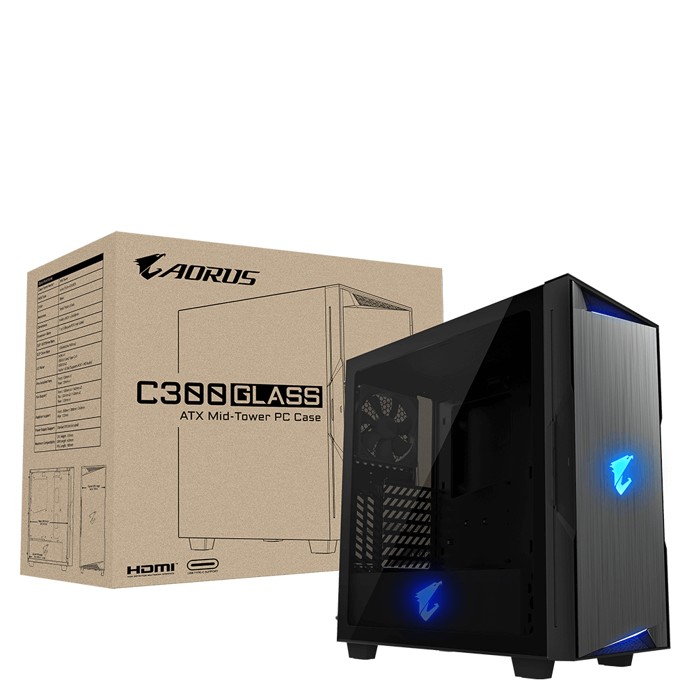 Un case per computer nero con un pannello laterale in vetro e una scatola di cartone con il nome del prodotto accanto. Il case ha luci blu.