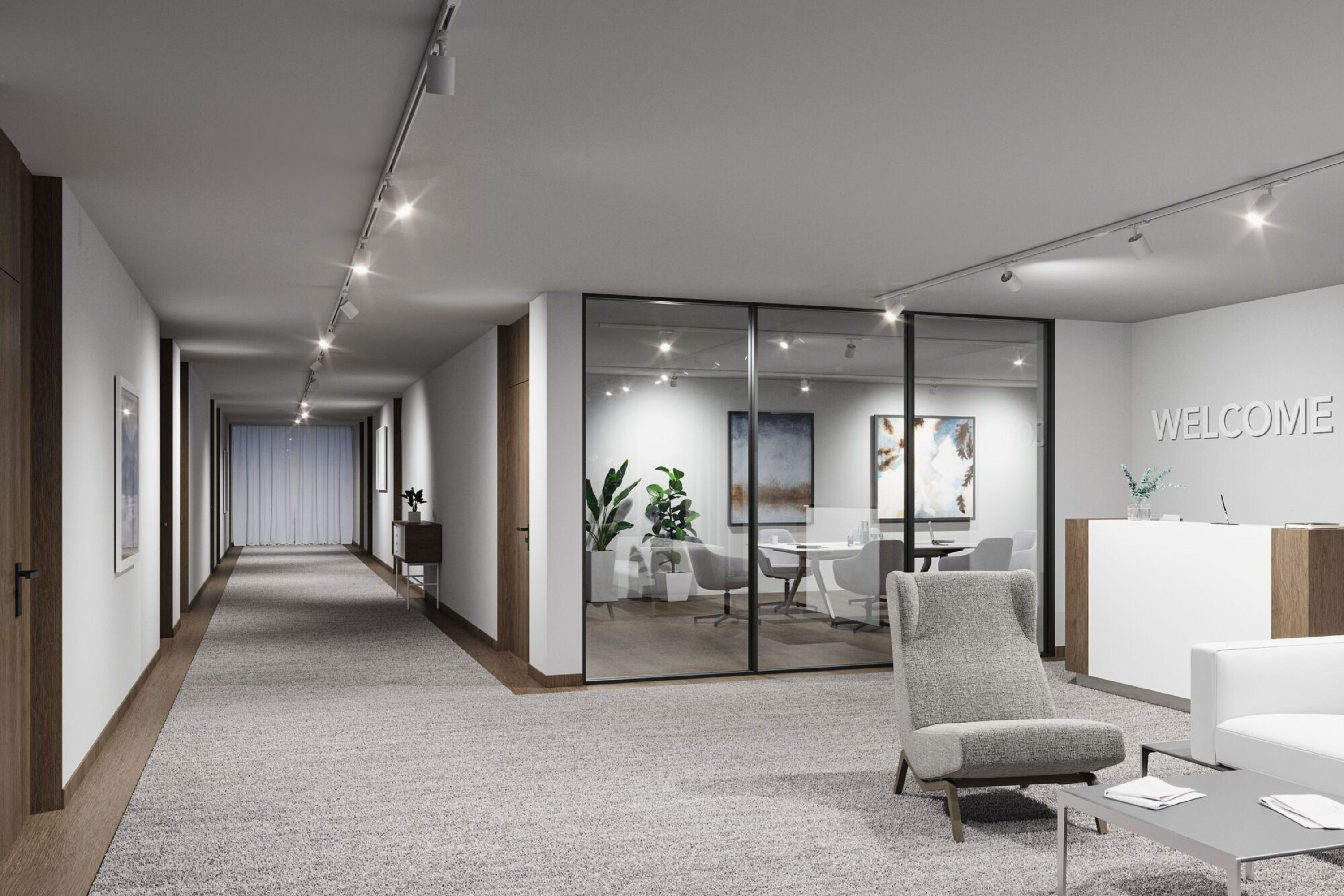 Hol biurowy z salą konferencyjną ze szklanymi ścianami, recepcją oraz poczekalnią z krzesłami i stolikiem kawowym.