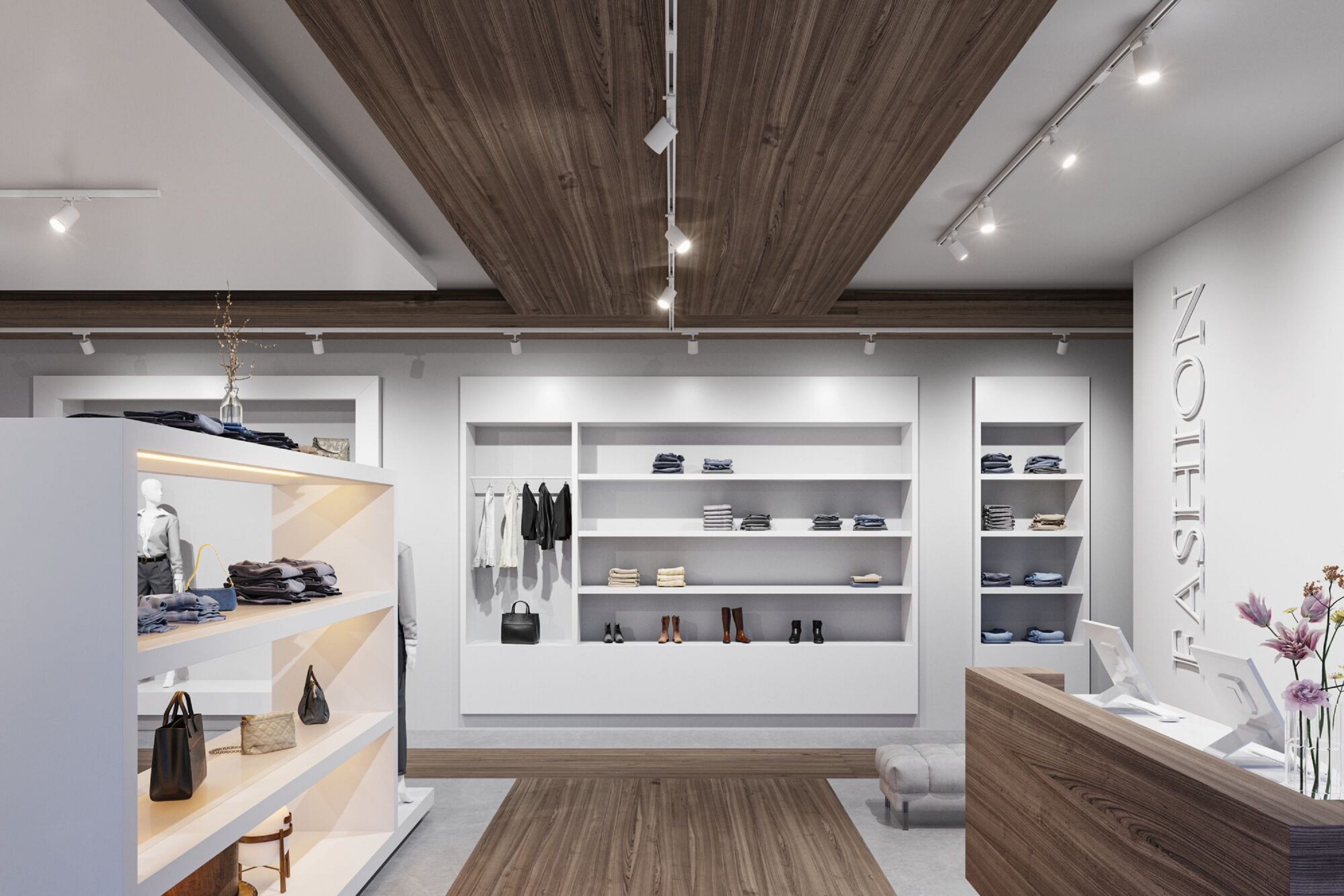 Wnętrze sklepu odzieżowego z ubraniami na półkach i wieszakach. Drewniana podłoga i sufit. Białe ściany z napisem 'FASHION'.