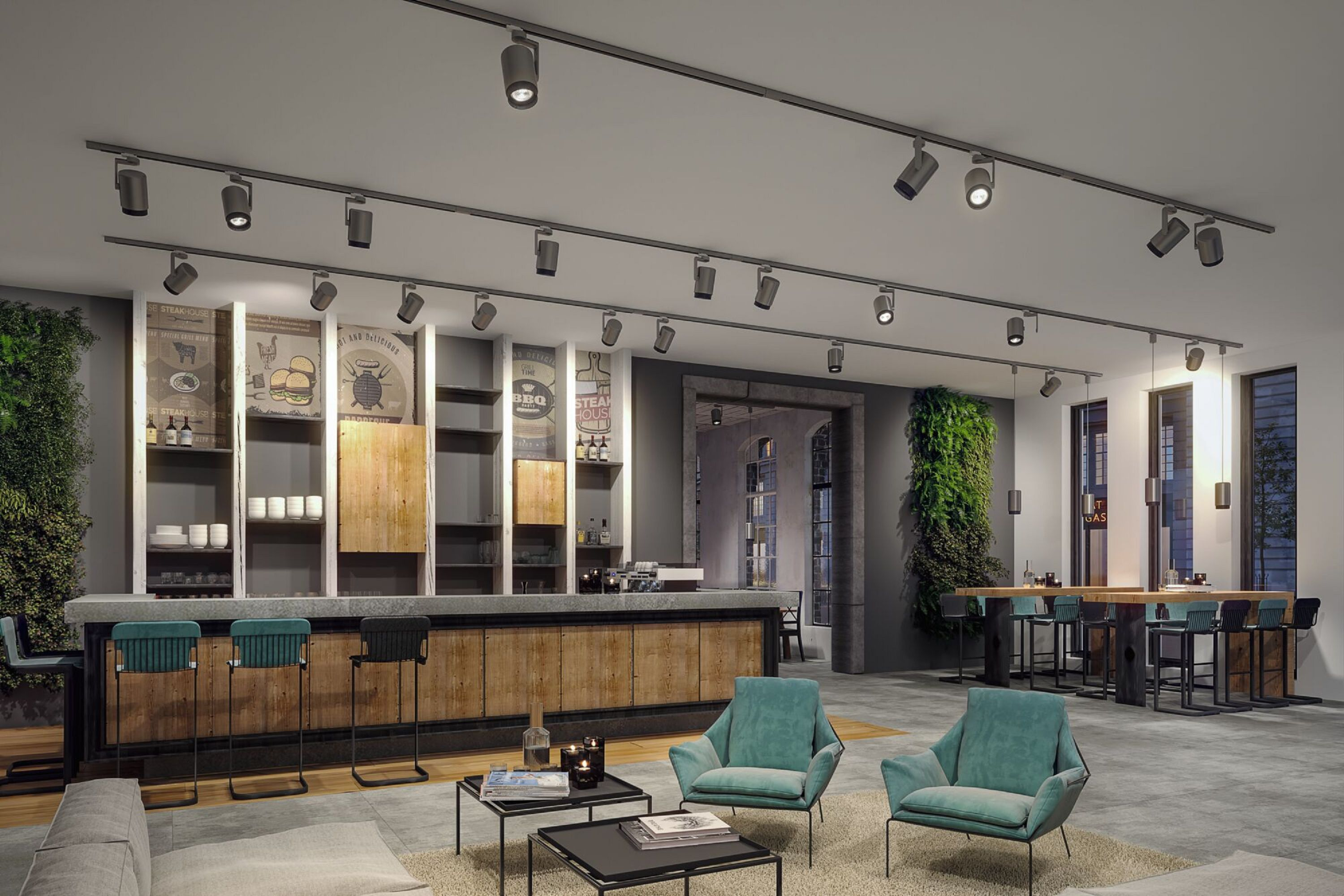 Wnętrze nowoczesnego baru z zielonymi fotelami, drewnianym barem i ścianą roślin.