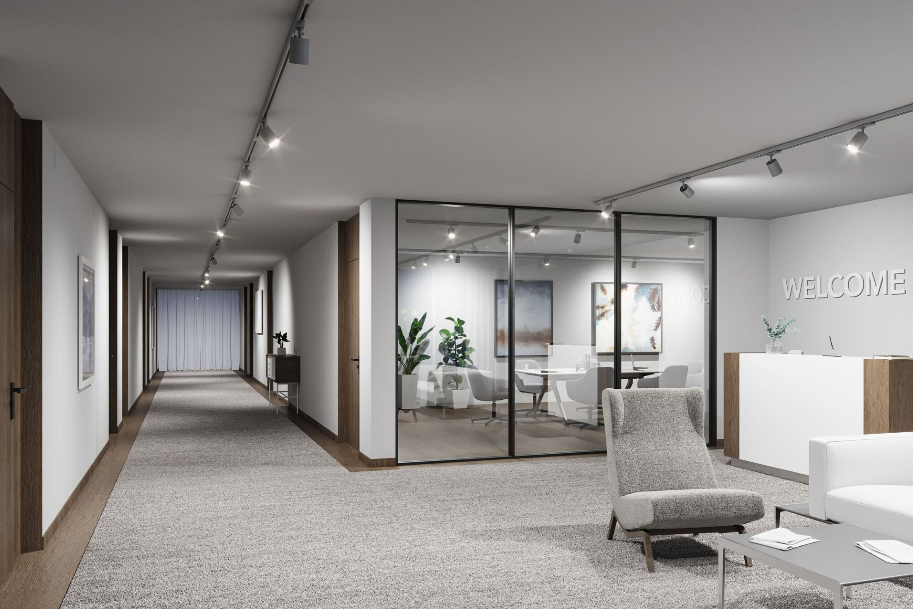 Nowoczesne wnętrze biura z korytarzem, recepcją, poczekalnią i salami konferencyjnymi widocznymi przez szklane ściany.