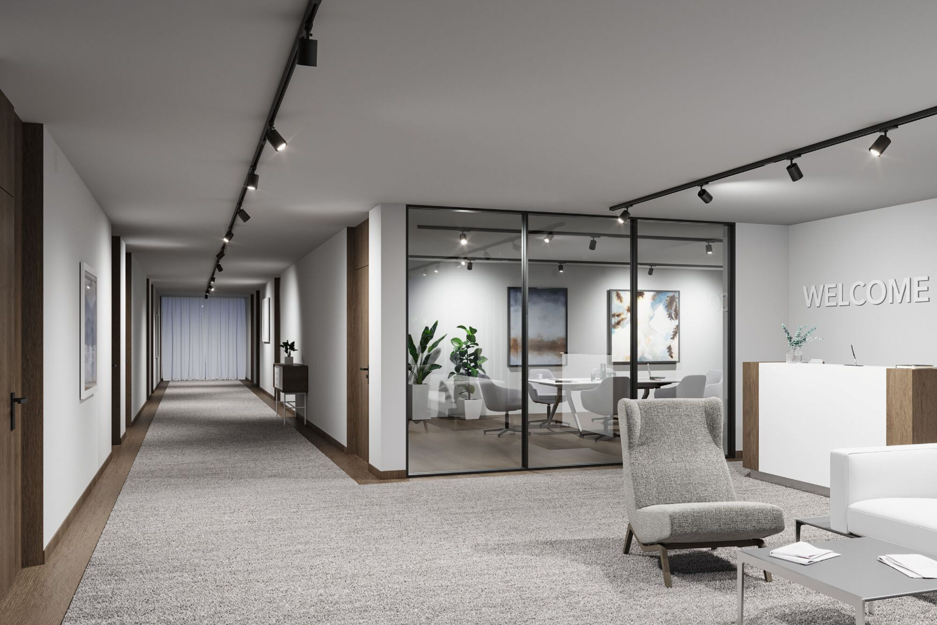 Korytarz biurowy z recepcją. Widoczny szary dywan, białe ściany i sala konferencyjna ze szklanymi ścianami.