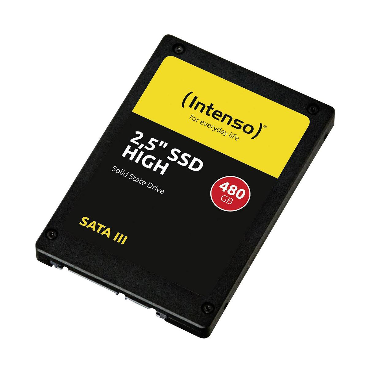 Czarny dysk SSD z żółtą górą. Tekst na dysku SSD mówi 'Intenso', '2,5" SSD HIGH', '480 GB' i 'SATA III'.