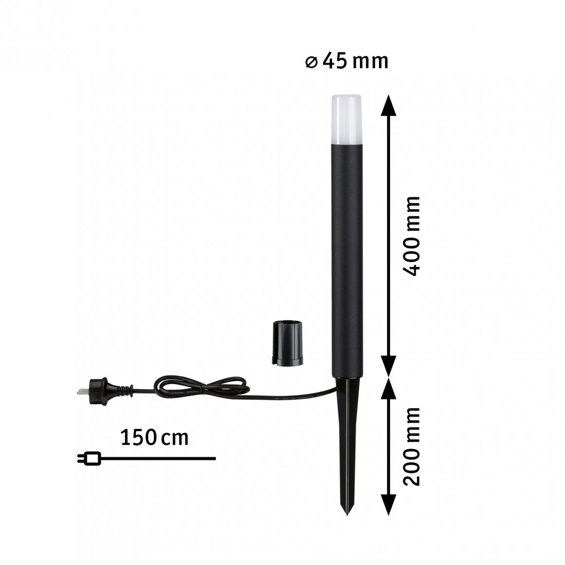 Eine schwarze Außenlampe mit weißer Oberseite, Netzkabel und Erdspieß. Abmessungen sind markiert: 400 mm, 200 mm und 150 cm.