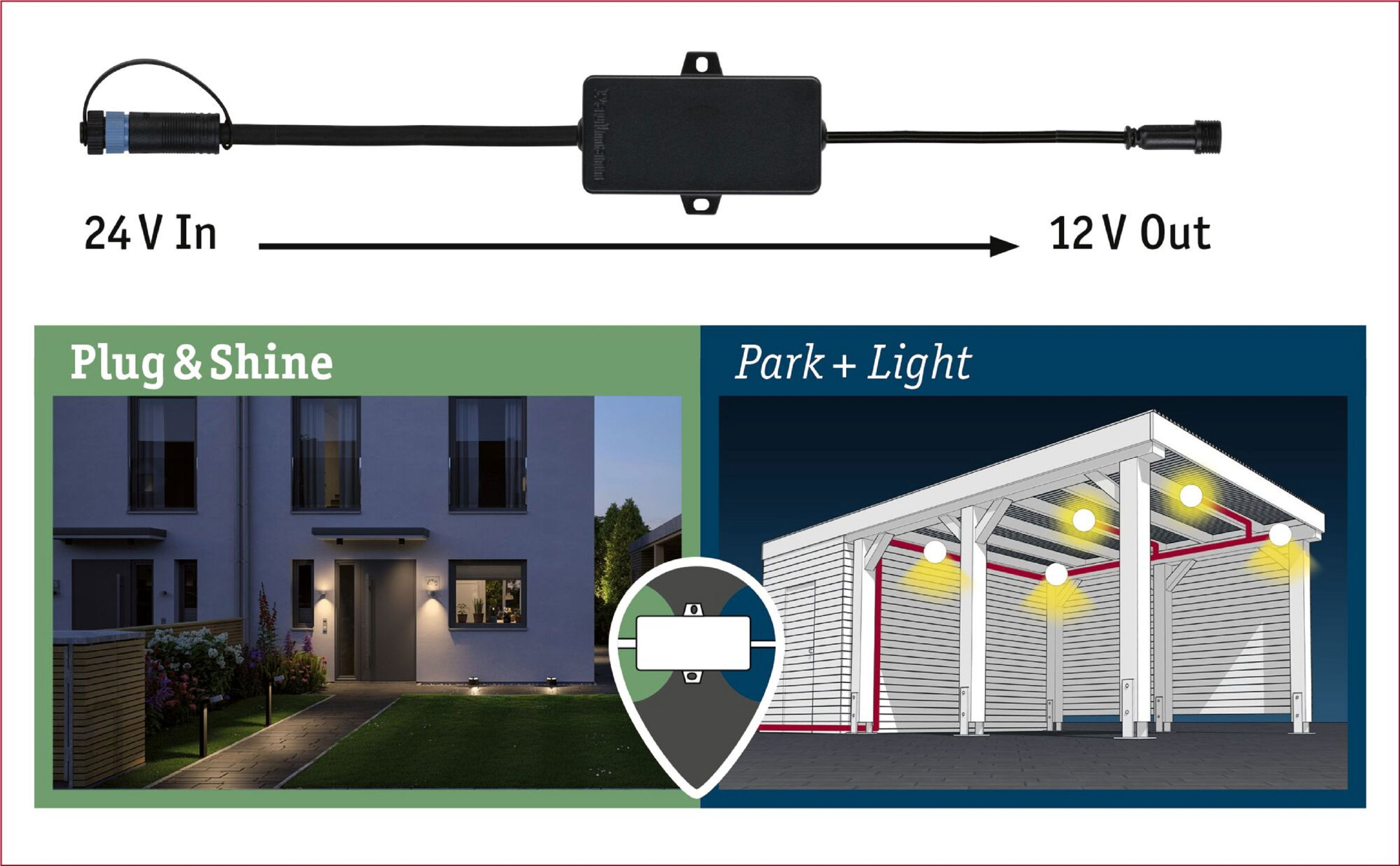 Das Bild zeigt ein Kabel mit Steckern und eine schwarze Box. Zwei Hausszenen sind abgebildet, eine mit beleuchtetem Weg, die andere mit Carport-Lichtern.