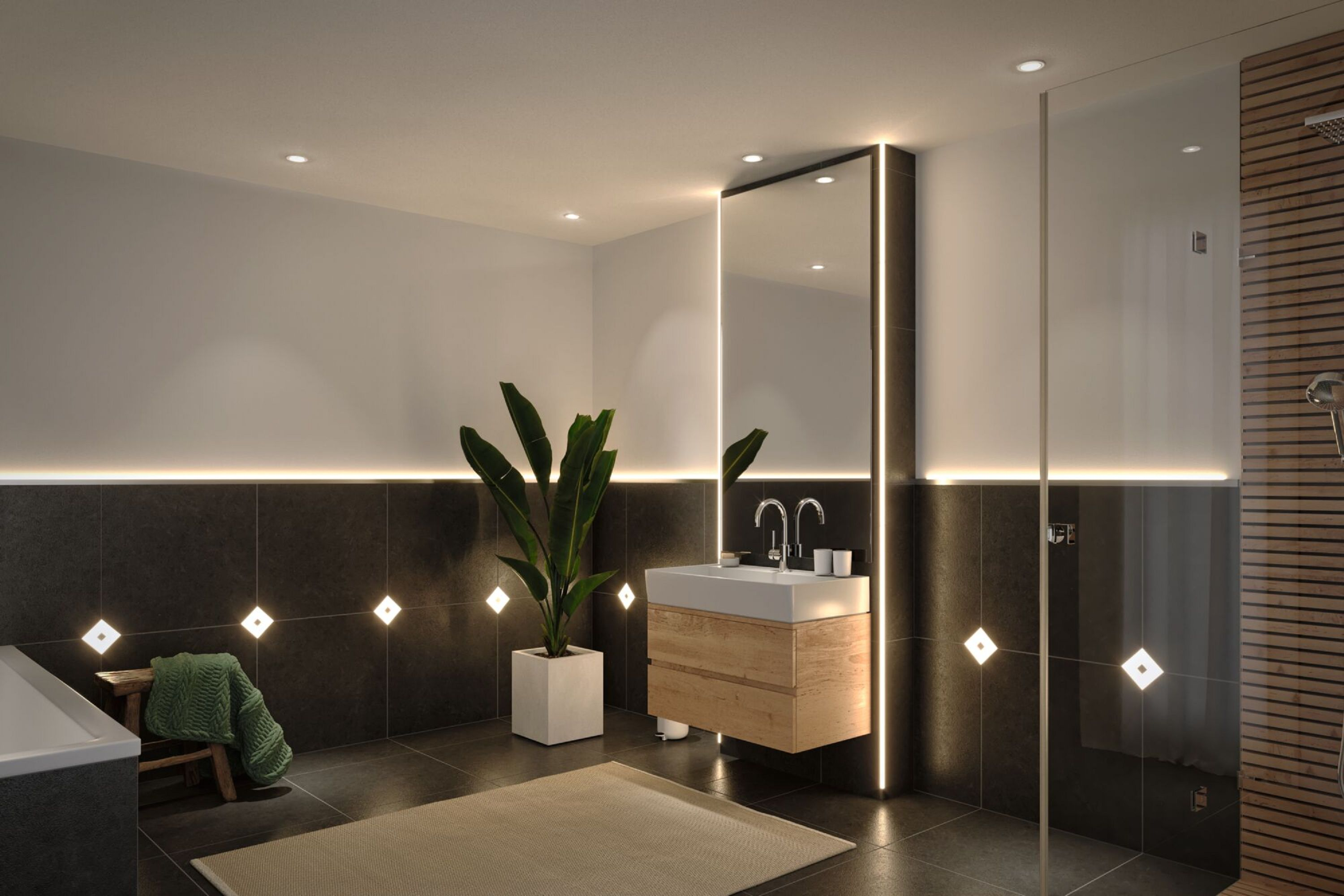 Modernes Badezimmer mit Pflanze, Holzschrank und Spiegel. Merkmale sind Dusche, Teppich und dekorative Lichter.