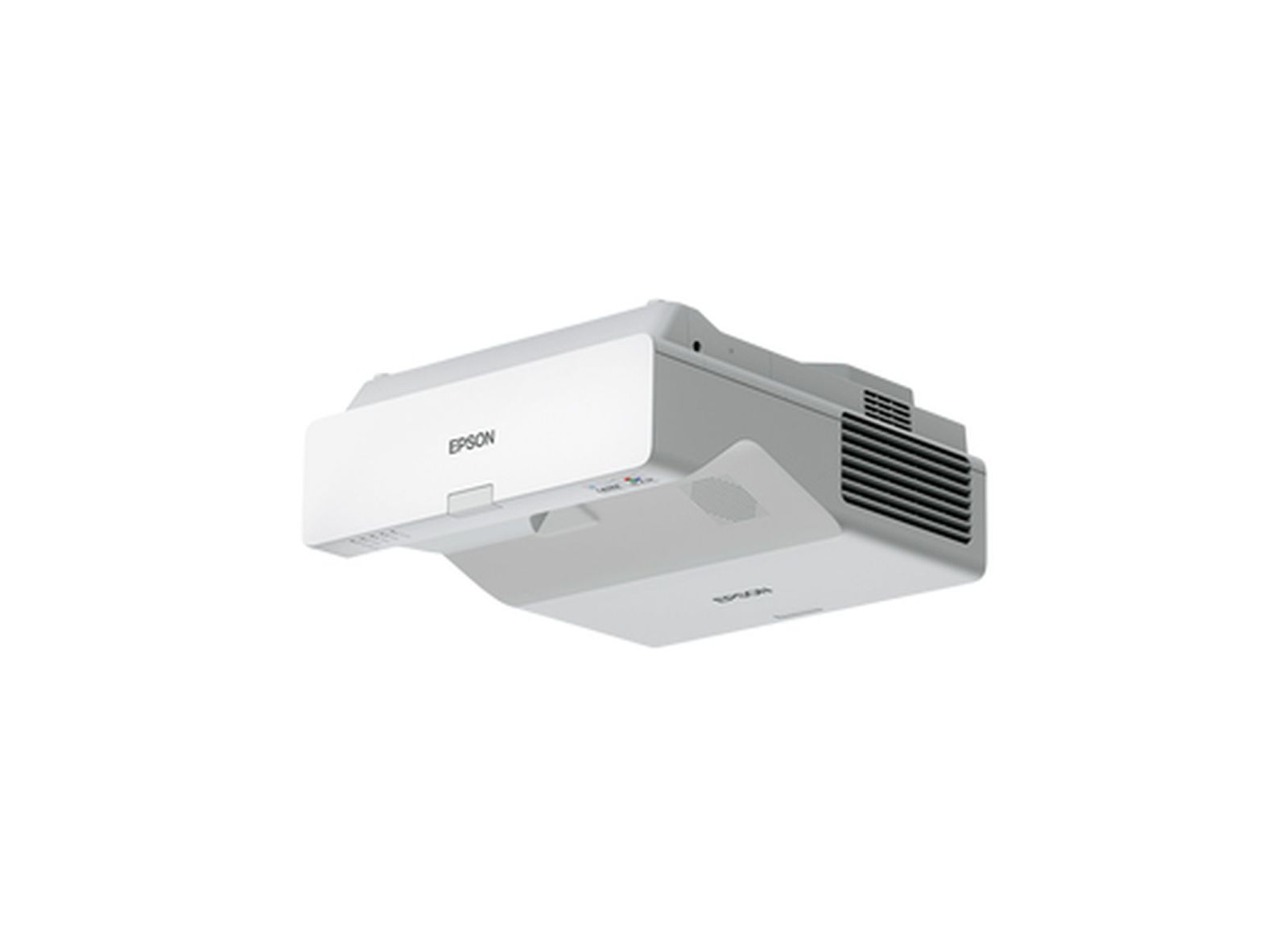 Ein weißer Epson-Projektor wird vor weißem Hintergrund gezeigt. Der Projektor ist angewinkelt, mit Lüftungsschlitzen und dem Epson-Logo.