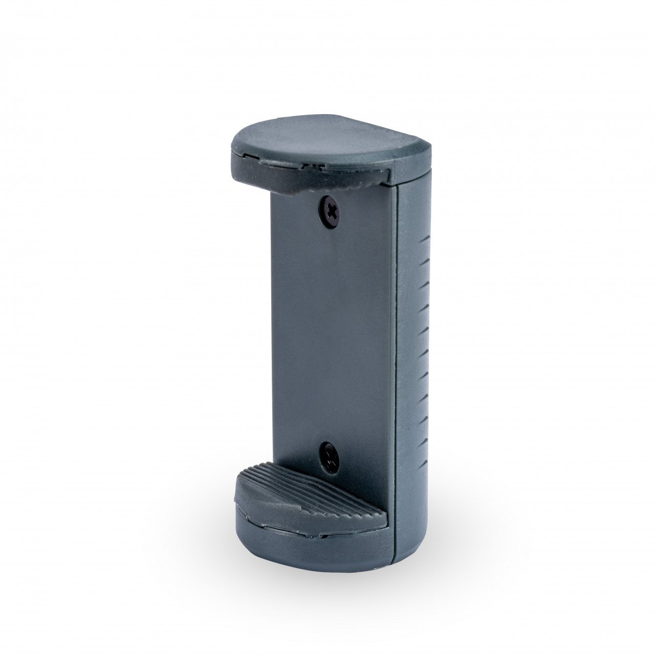 Un soporte para teléfono gris oscuro se alza sobre un fondo blanco. Tiene una parte superior curvada y una sección inferior acanalada.