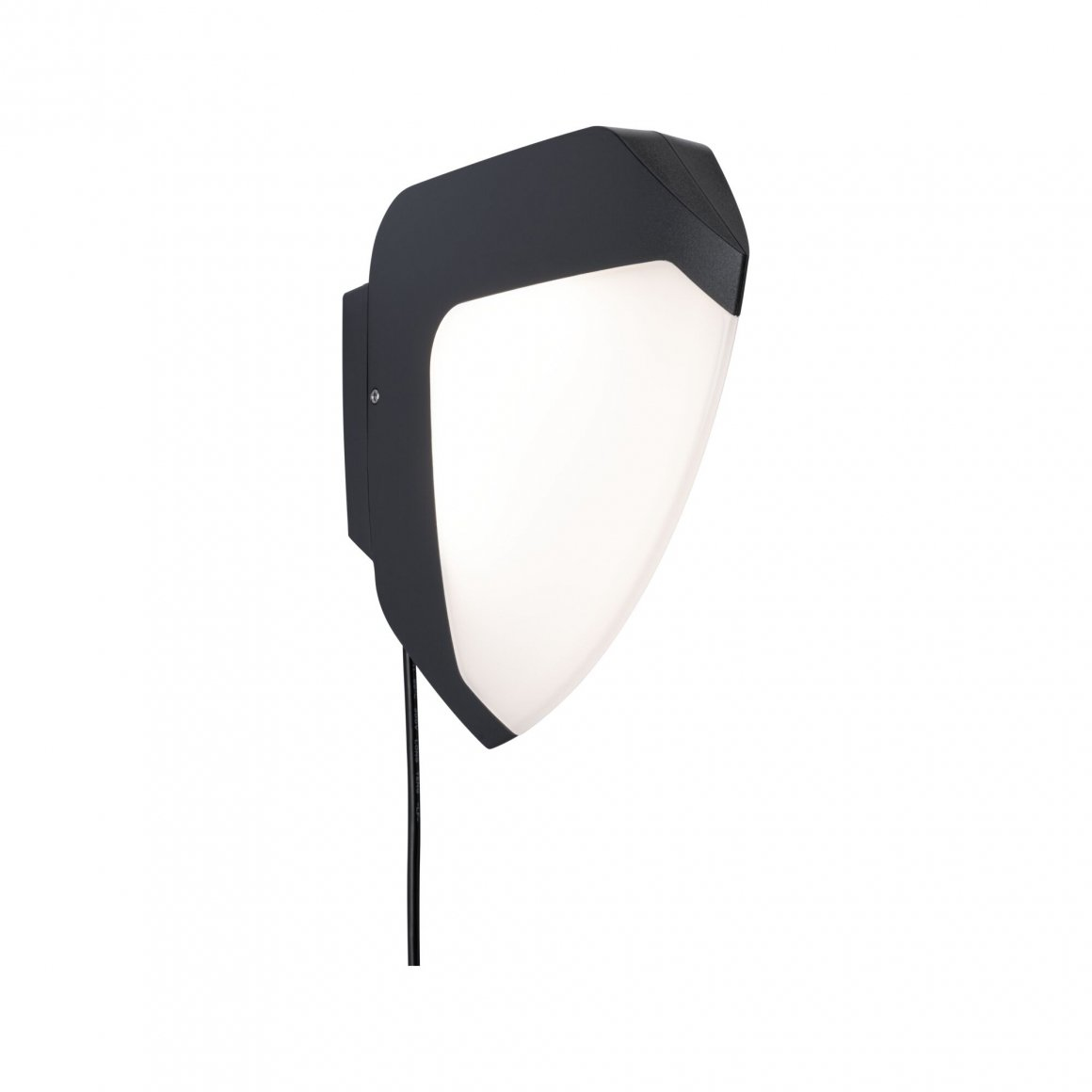 Eine Wandleuchte mit grauem Rahmen und weißem, ovalem Licht. Ein schwarzes Kabel erstreckt sich nach unten.