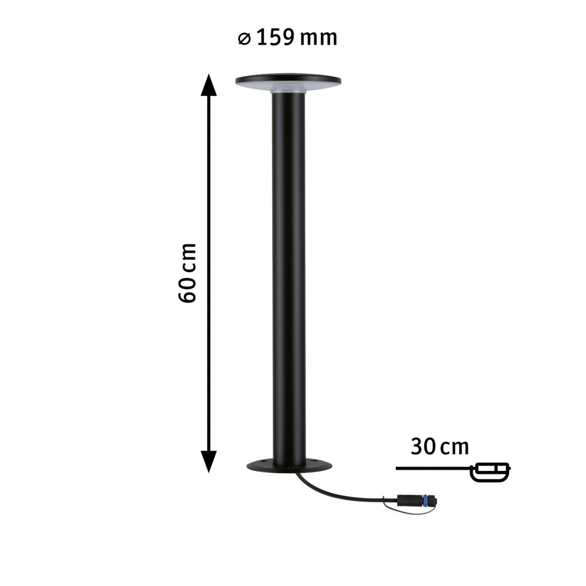 Schwarze Außenlampe mit den Abmessungen: 60 cm Höhe, 159 mm Durchmesser, 30 cm Sockel. Inklusive Netzkabel und Stecker.