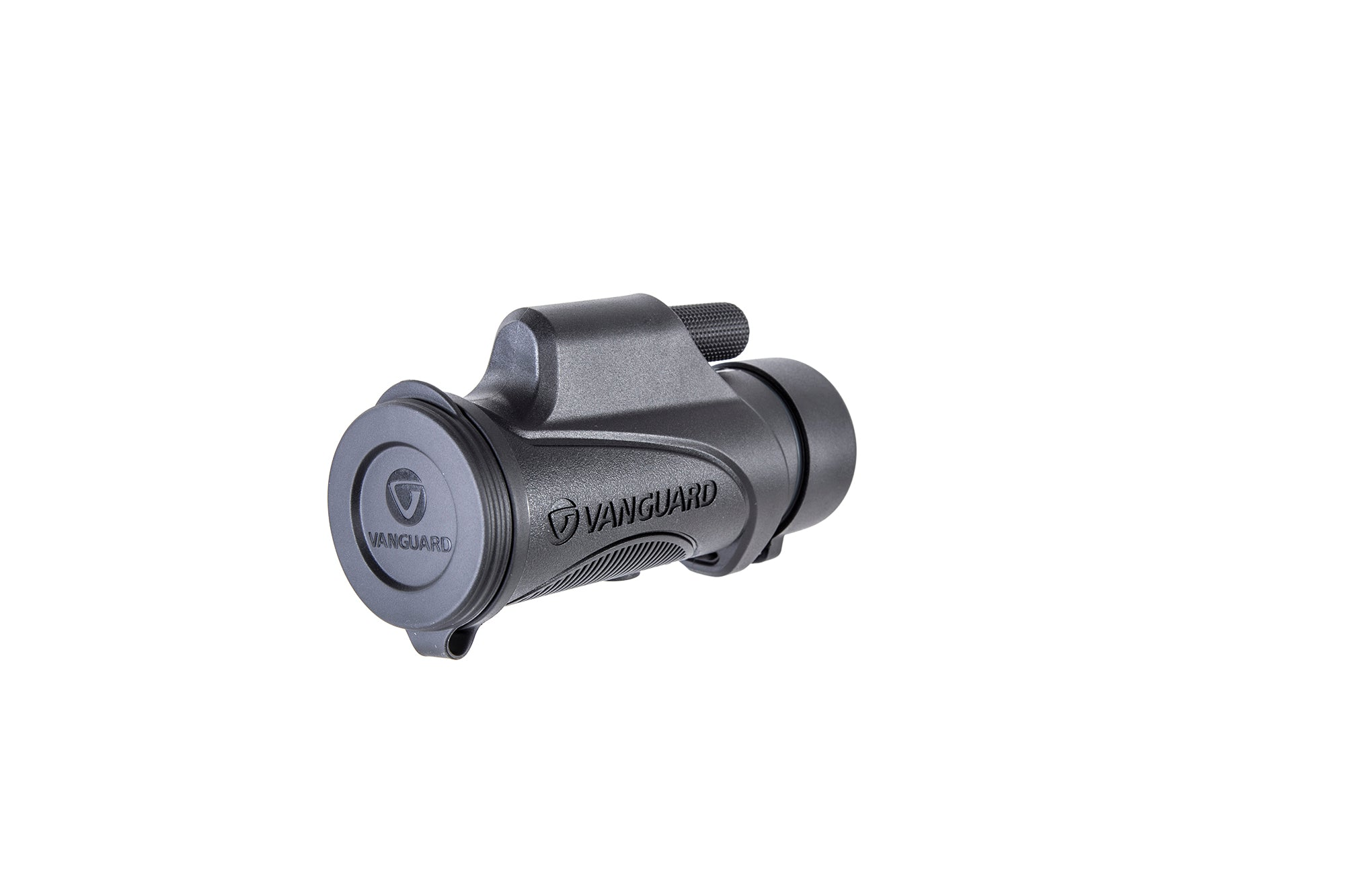 Un monocular Vanguard negro sobre fondo blanco. El monocular tiene una tapa de lente y un botón de ajuste texturizado.