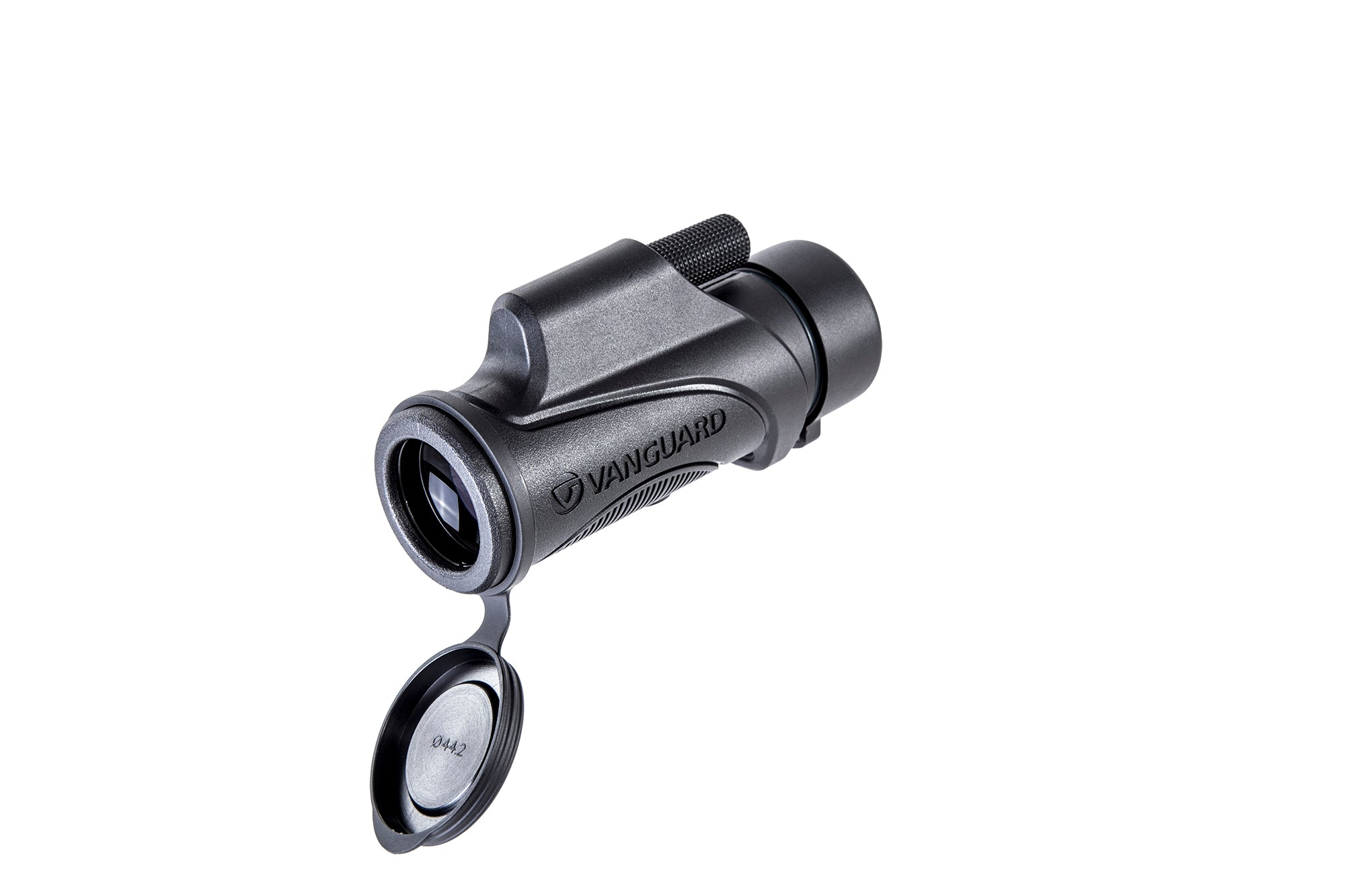 Un monocular negro con la tapa del objetivo abierta. El logotipo de Vanguard es visible. El fondo es blanco.