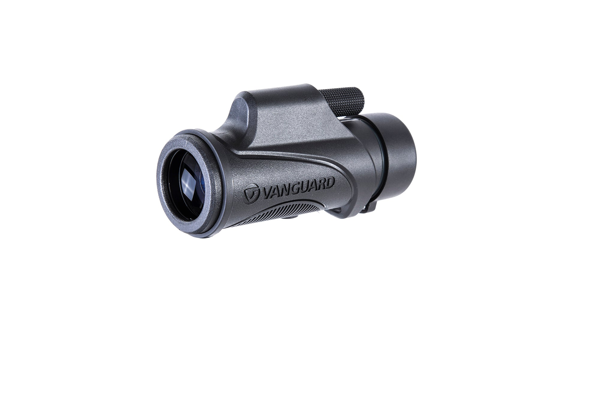 Un monocular Vanguard negro sobre un fondo blanco. Está en ángulo, mostrando la lente, el cuerpo y el mando de enfoque.