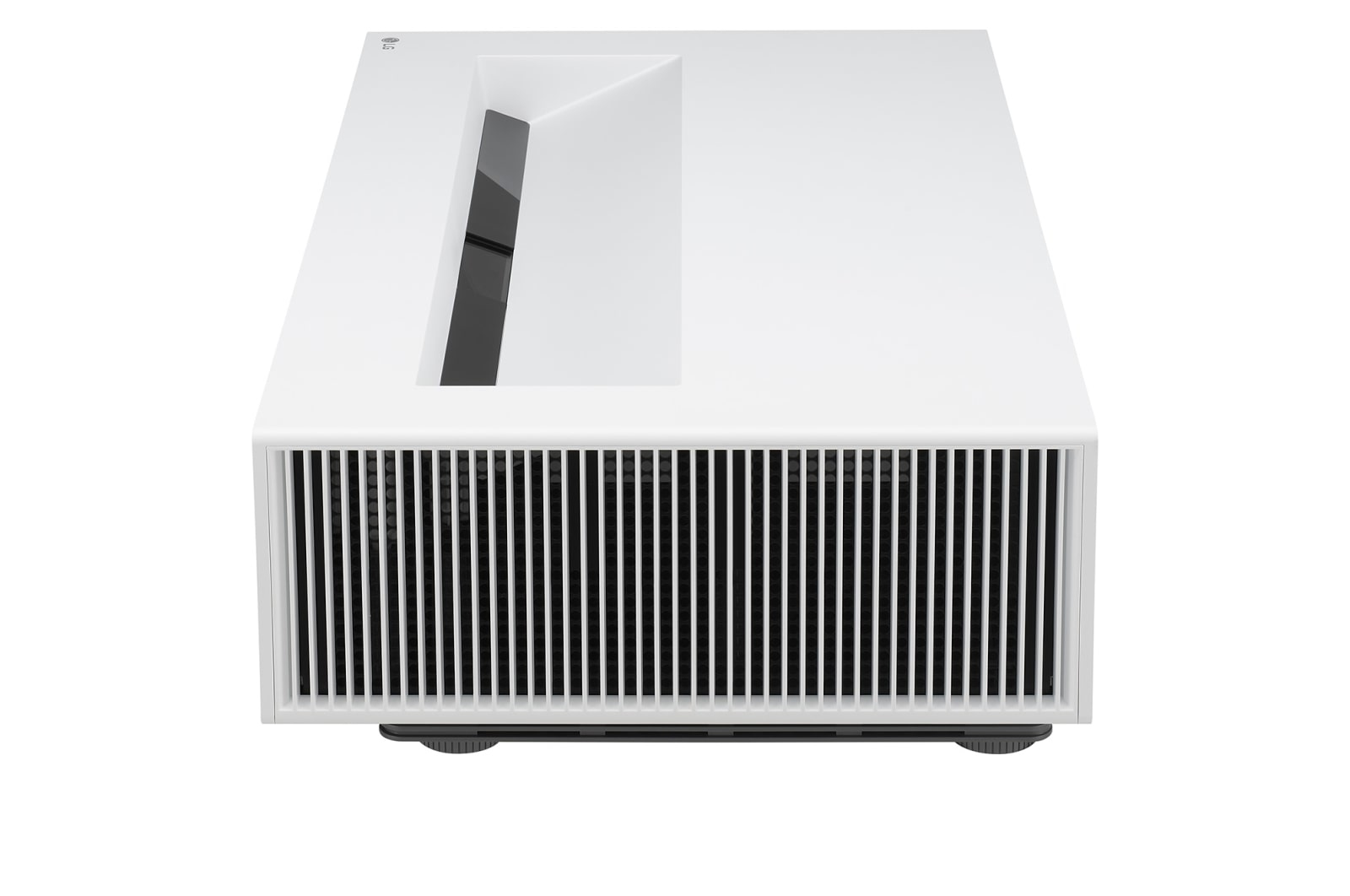Biały, prostokątny projektor z czarnymi otworami wentylacyjnymi i ciemnym otworem u góry. Nowoczesny design.