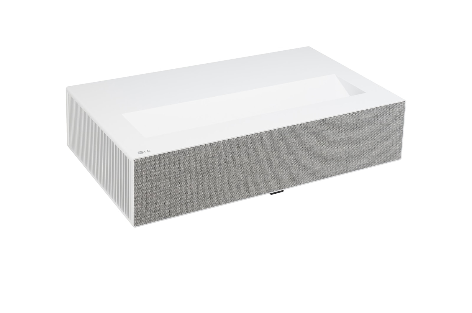 Biały projektor LG z szarym głośnikiem materiałowym. Projektor jest prostokątny z zagłębionym obszarem.