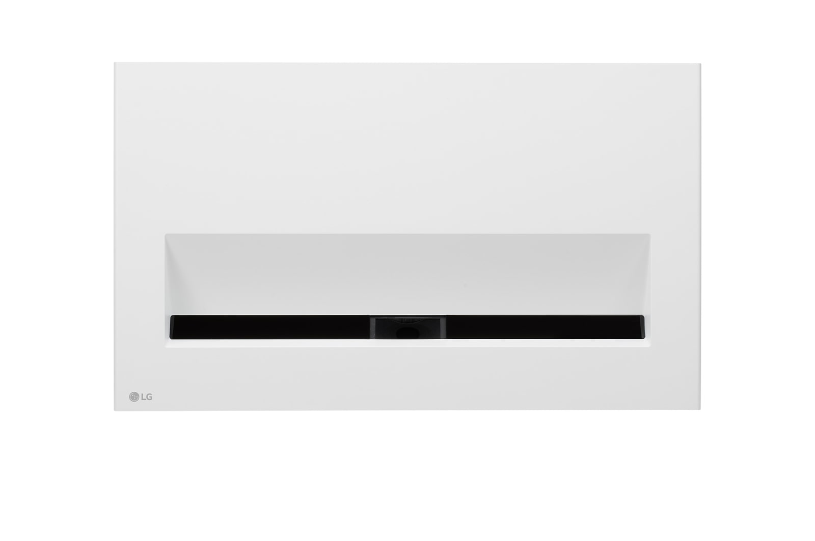 Białe prostokątne urządzenie z czarnym poziomym otworem. Logo LG po lewej stronie u dołu. Czysty i nowoczesny design.