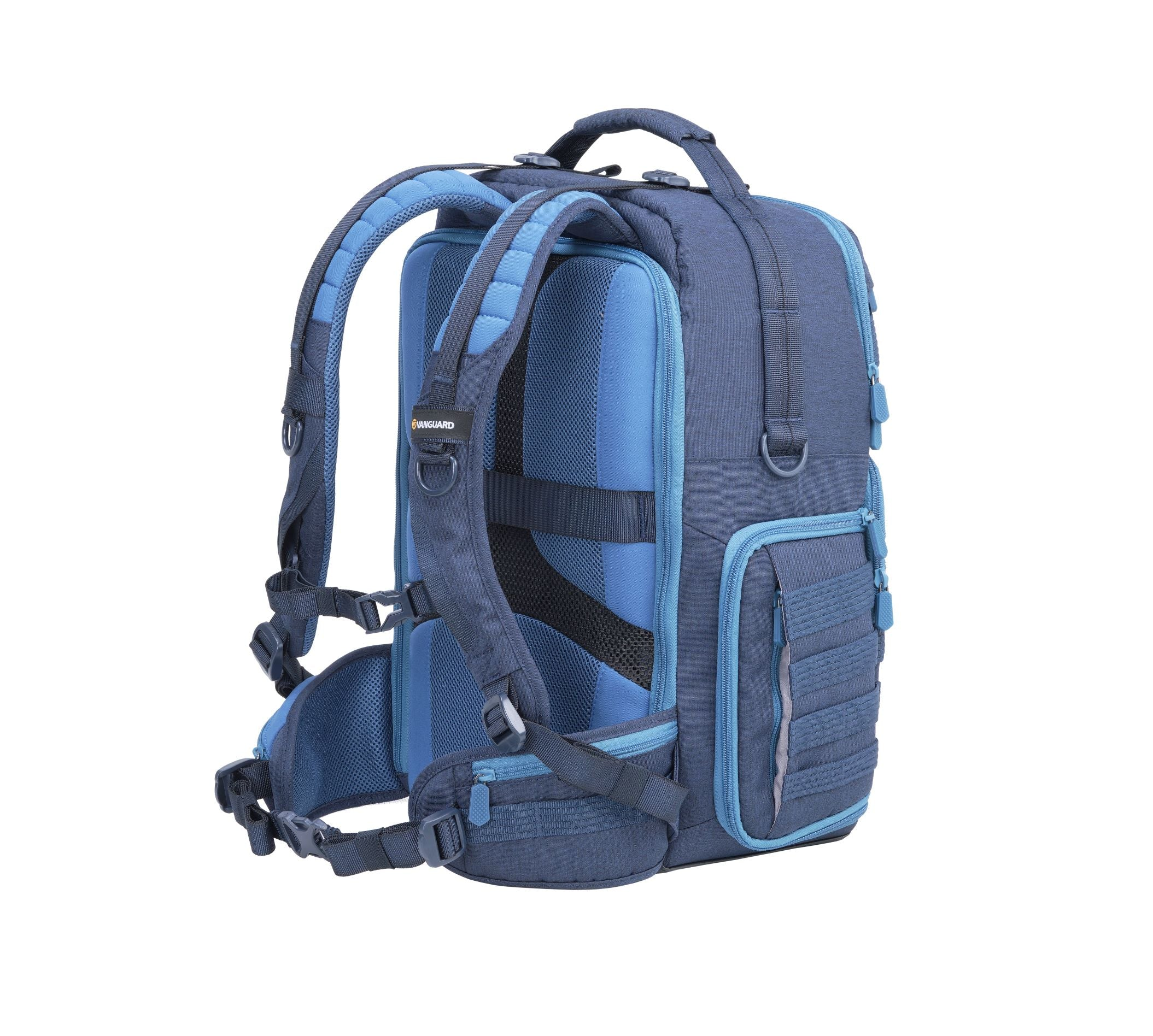 Blauer und marinefarbener Rucksack, Seitenansicht. Mit gepolsterten Trägern, mehreren Fächern, Reißverschlüssen und einem oberen Griff.