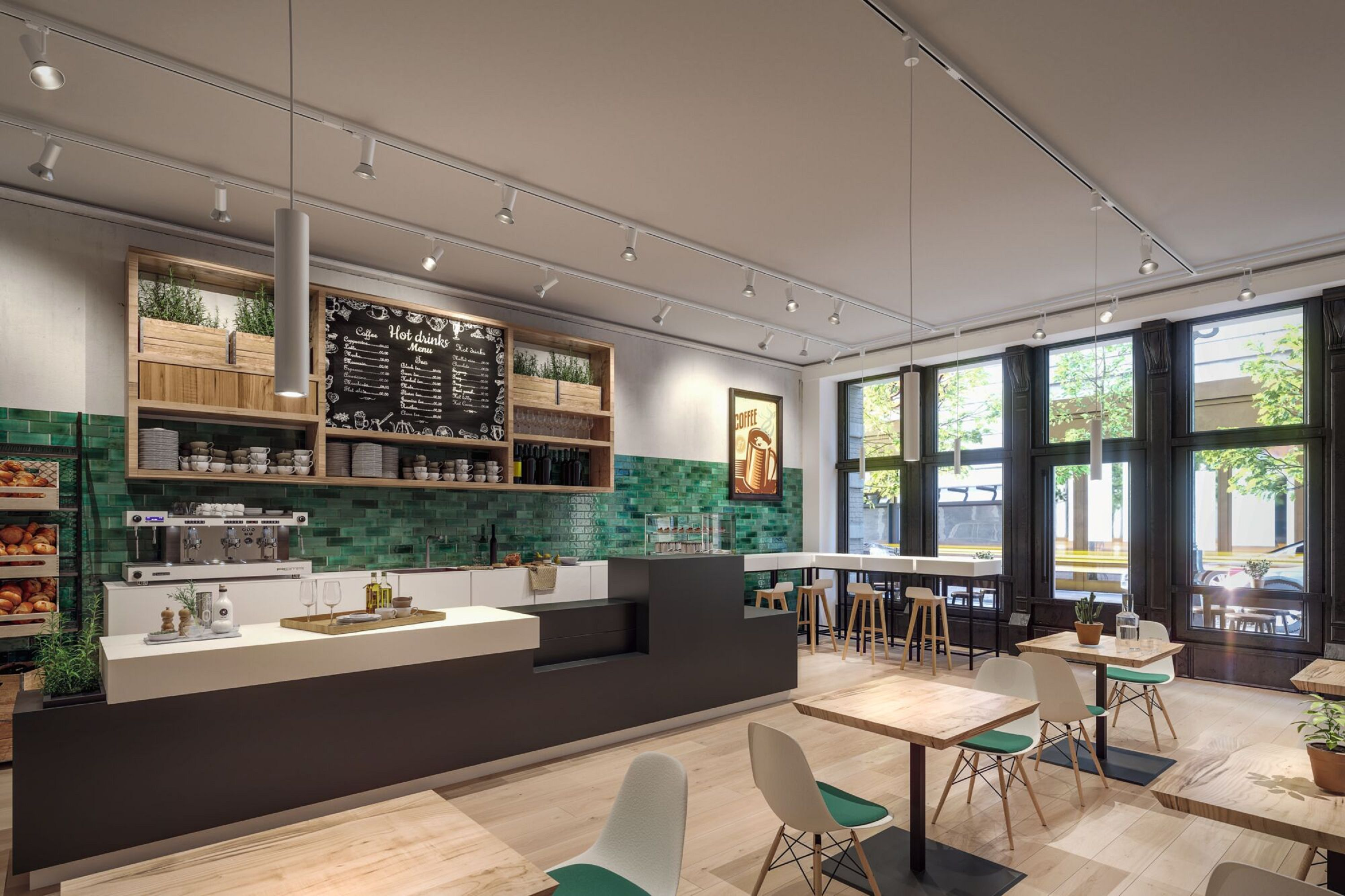 Café-Interieur mit Tischen, Stühlen und einer Theke. Eine Menütafel und eine Kaffeemaschine sind sichtbar.