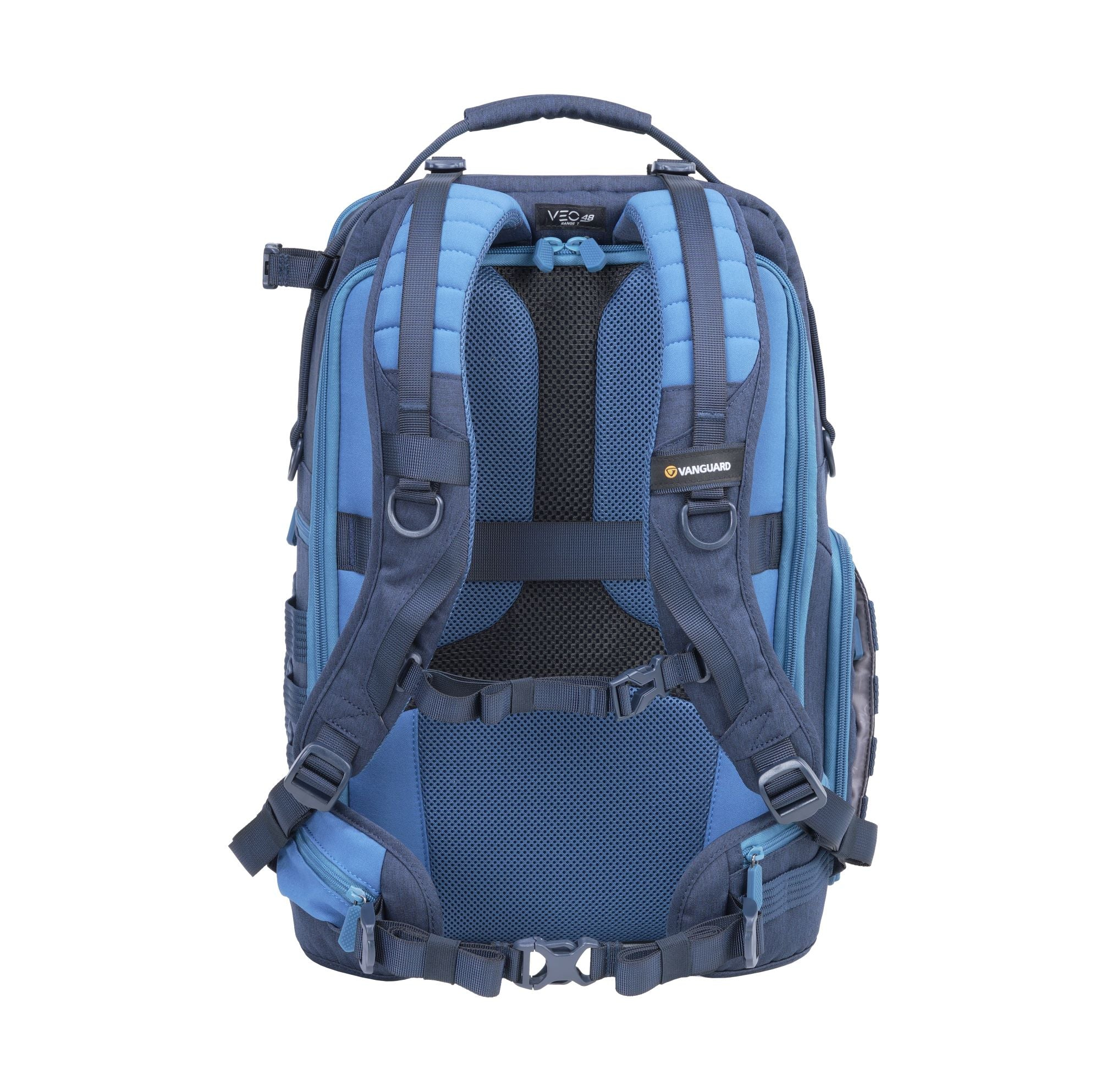 Blauer und marinefarbener Rucksack mit mehreren Gurten, Reißverschlüssen und Vanguard-Logo. Er hat eine gepolsterte Rückenstütze und einen oberen Griff.