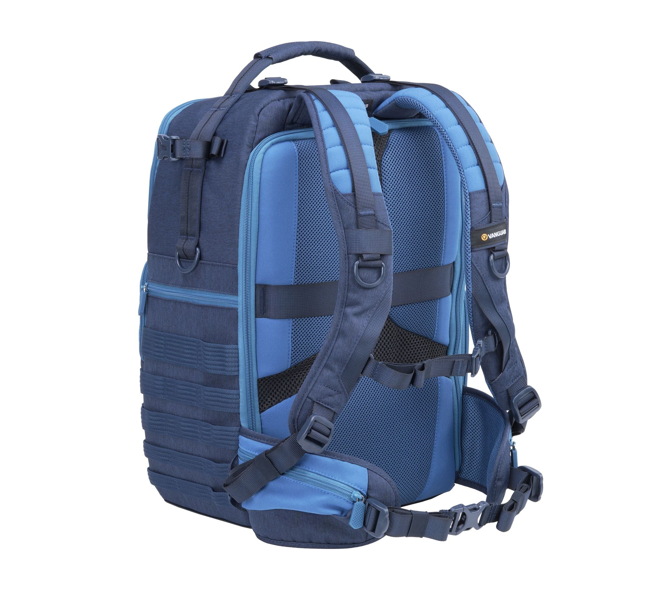 Ein blauer und marinefarbener Rucksack mit mehreren Fächern, Riemen und einem Tragegriff. Das Vanguard-Logo ist sichtbar.