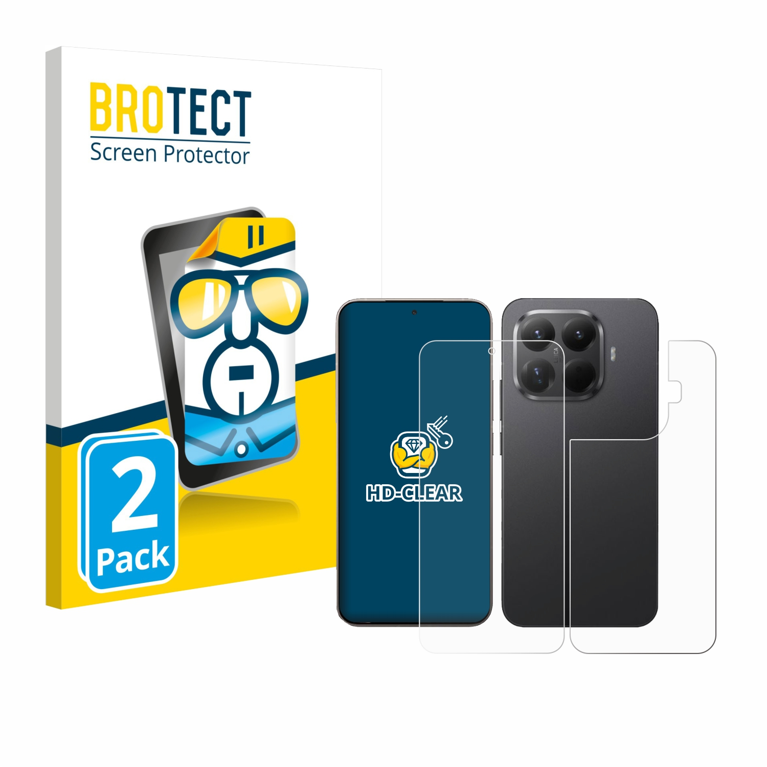 Ein Displayschutz-Kit. Enthält eine Schachtel mit Telefonillustration, zwei Handys und Displayschutzfolien. Das Branding lautet 'BROTECT Screen Protector'.