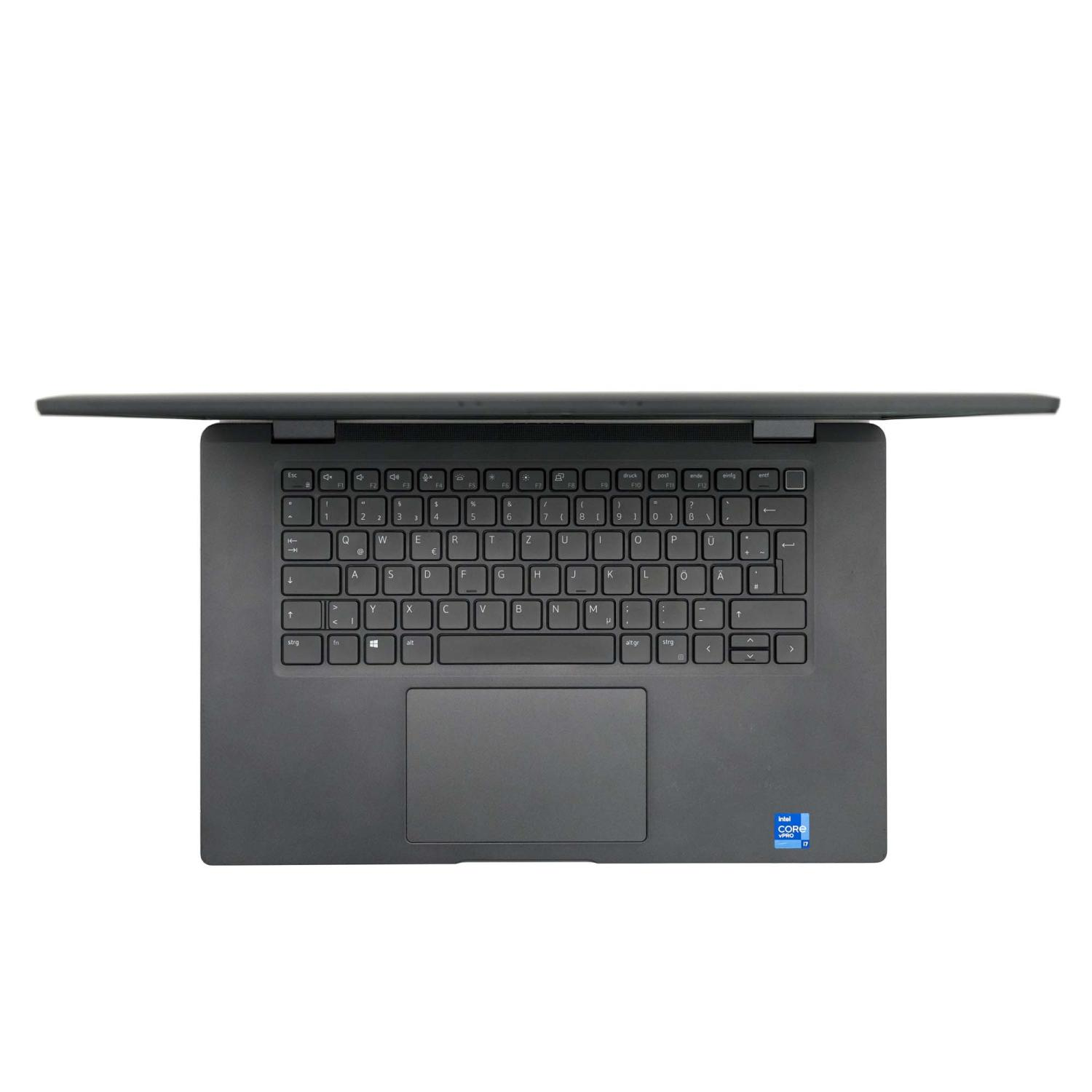 Ein schwarzer Laptop, geöffnet. Die Tastatur ist mit Buchstaben und Zahlen sichtbar. Das Touchpad befindet sich unter der Tastatur. Intel Core i7-Aufkleber.