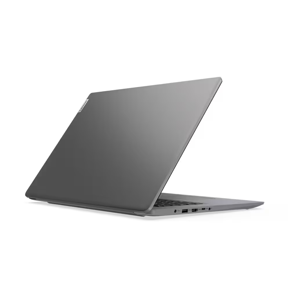 Ein grauer Lenovo-Laptop, leicht geöffnet, vor weißem Hintergrund. Das Lenovo-Logo ist auf dem Deckel sichtbar. Die Seite zeigt Anschlüsse.