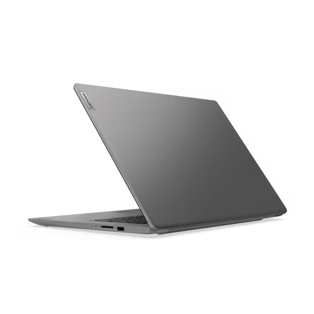 Ein grauer Lenovo-Laptop ist leicht geöffnet und zeigt Tastatur und Bildschirm. Der Hintergrund ist weiß und hebt das Gerät hervor.